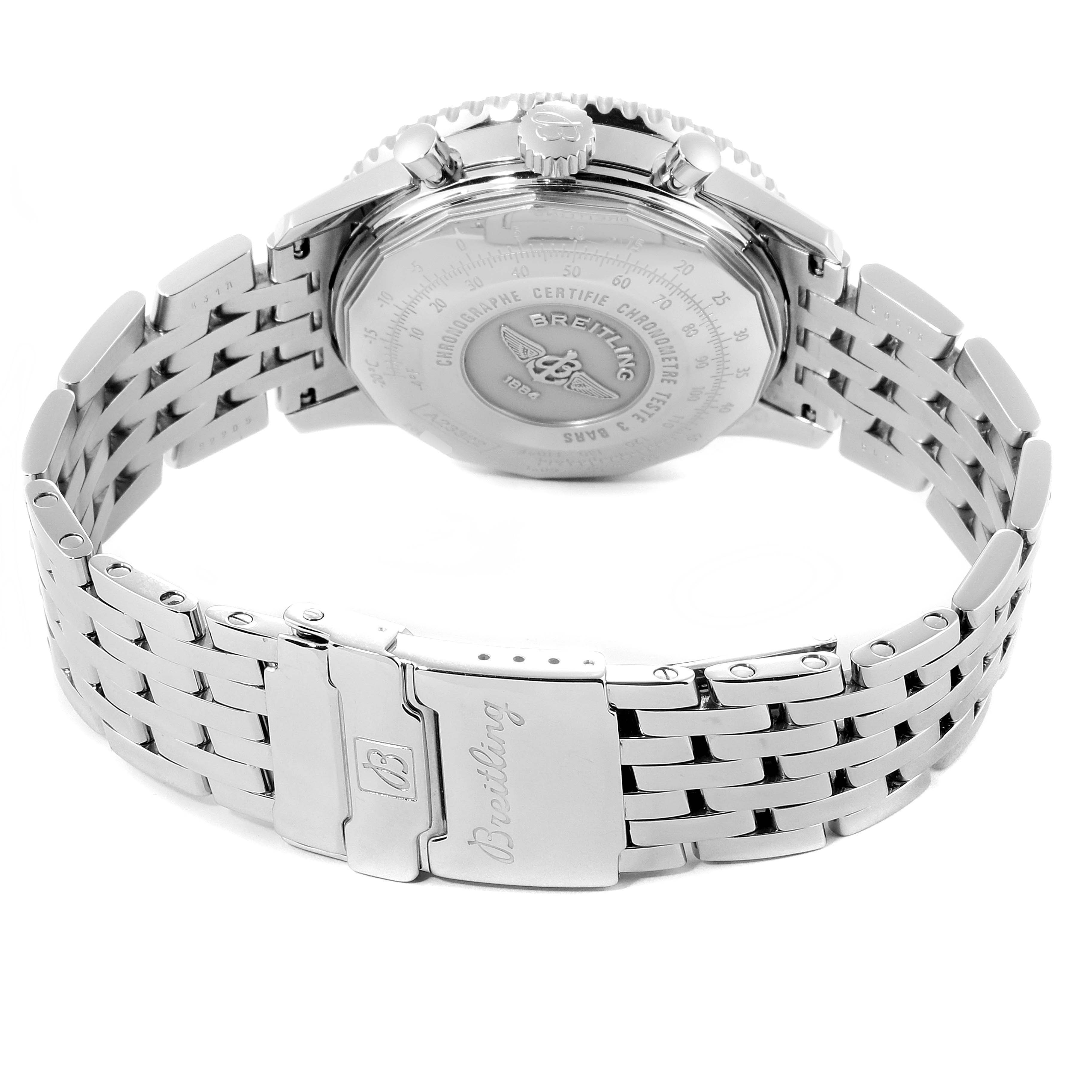 This image shows the back view of the Breitling A23322 Men's Stainless Steel Blue Dial A23322 Men's Stainless Steel Blue Dial Navitimer 42mm Blue Dial Chronograph Steel Mens Watch (model A23322), focusing on the case back and steel bracelet.