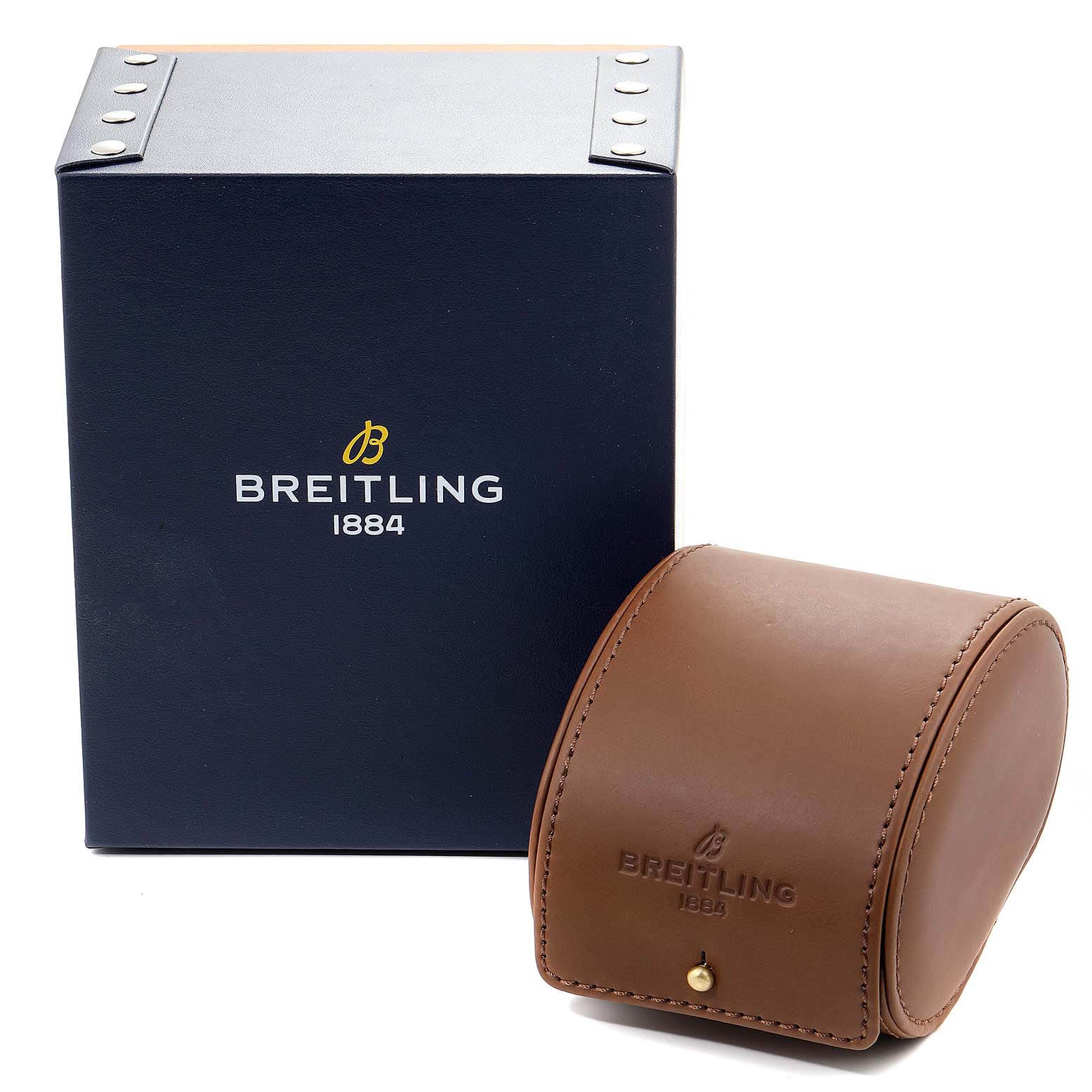 The image shows the packaging box and a leather watch case for the Breitling A23322 Men's Stainless Steel Blue Dial A23322 Men's Stainless Steel Blue Dial Navitimer 42mm Blue Dial Chronograph Steel Mens Watch A23322 model.