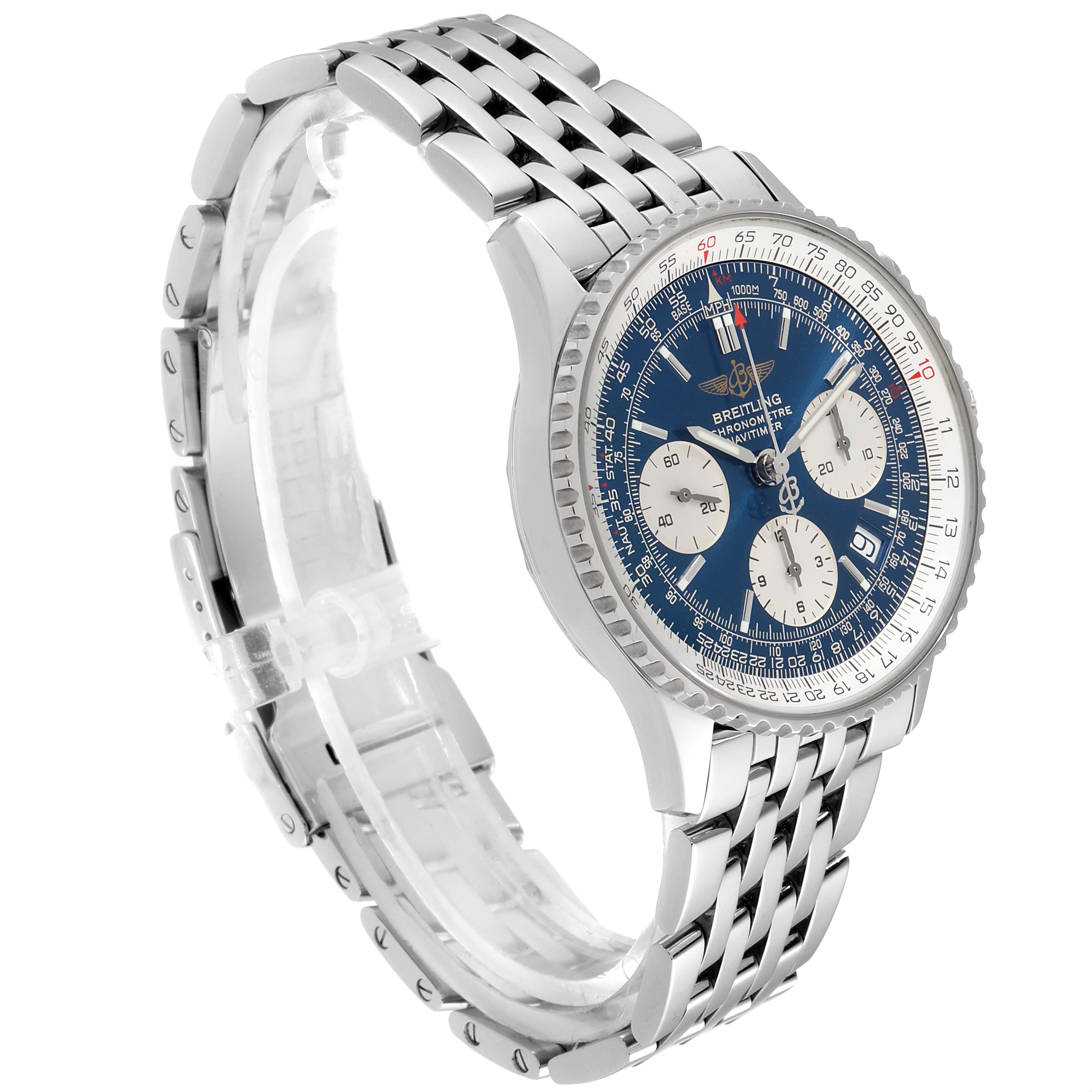 The image shows the Breitling A23322 Men's Stainless Steel Blue Dial A23322 Men's Stainless Steel Blue Dial Navitimer 42mm Blue Dial Chronograph Steel Men's Watch A23322 from a front-side angle, highlighting the bracelet and dial.