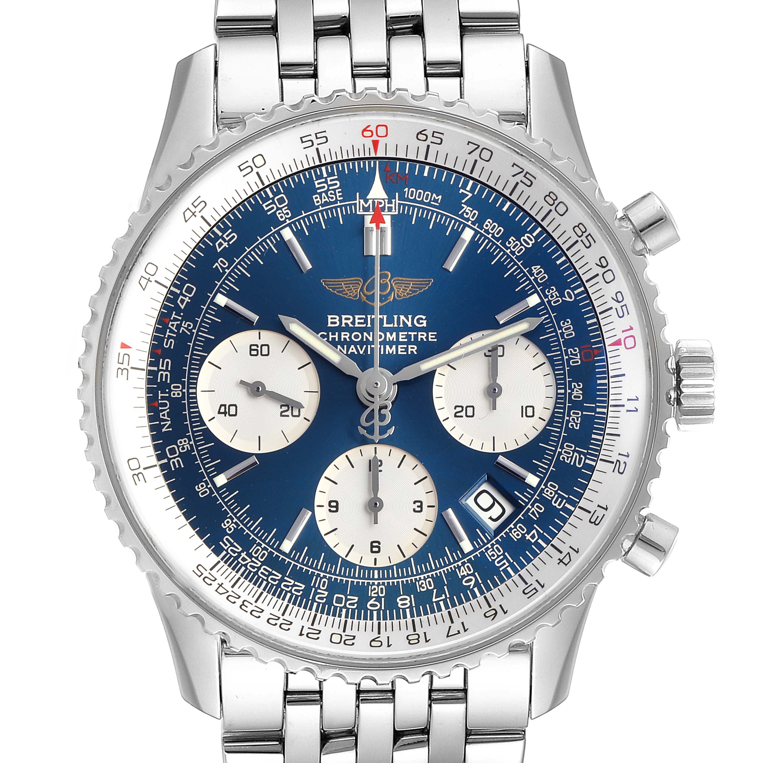 The Breitling A23322 Men's Stainless Steel Blue Dial A23322 Men's Stainless Steel Blue Dial Navitimer 42mm Blue Dial Chronograph Steel Mens Watch A23322 is shown from a front angle, highlighting its blue dial and chronograph features.