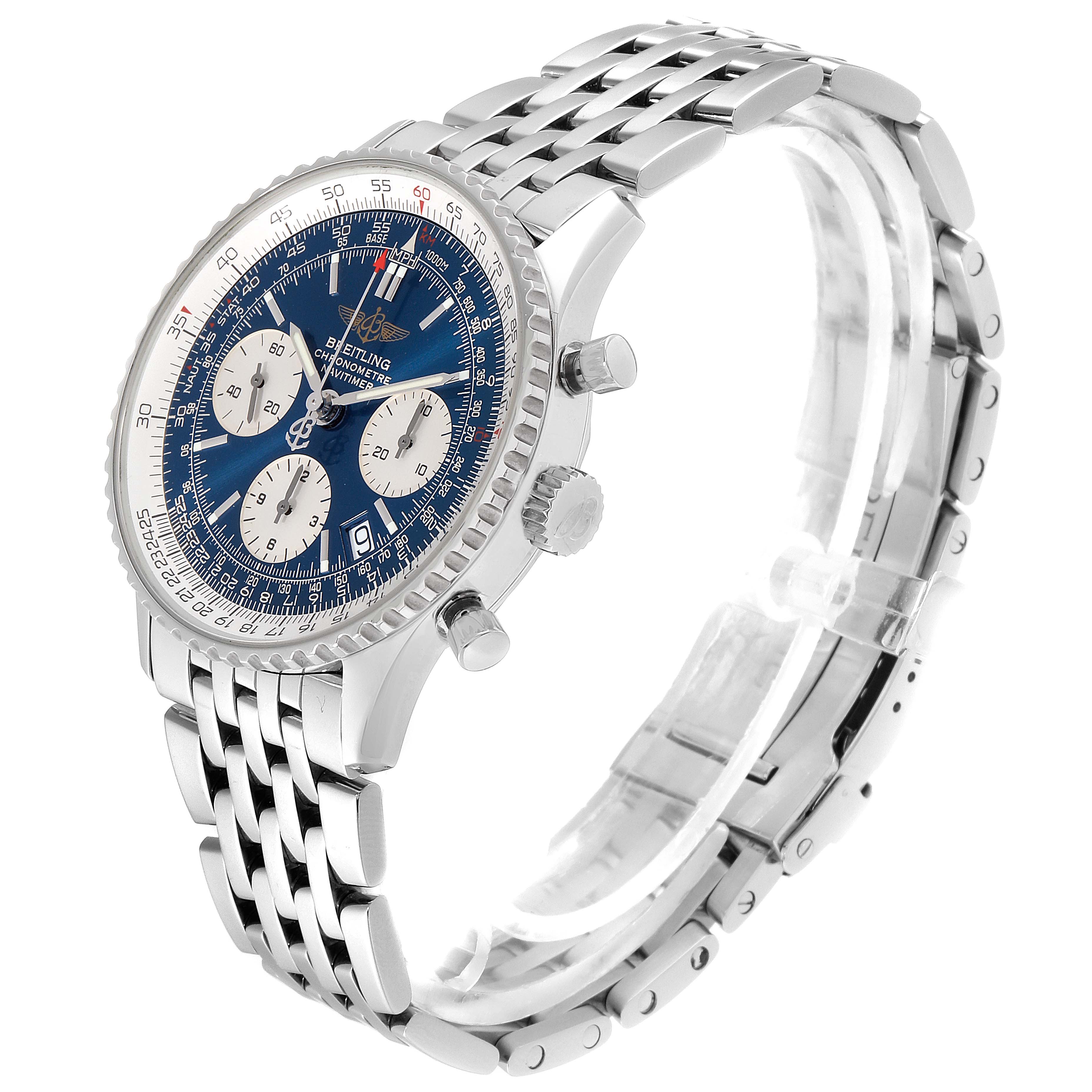 This image shows a side and front angle view of the Breitling A23322 Men's Stainless Steel Blue Dial A23322 Men's Stainless Steel Blue Dial Navitimer 42mm Blue Dial Chronograph Steel Mens Watch A23322.