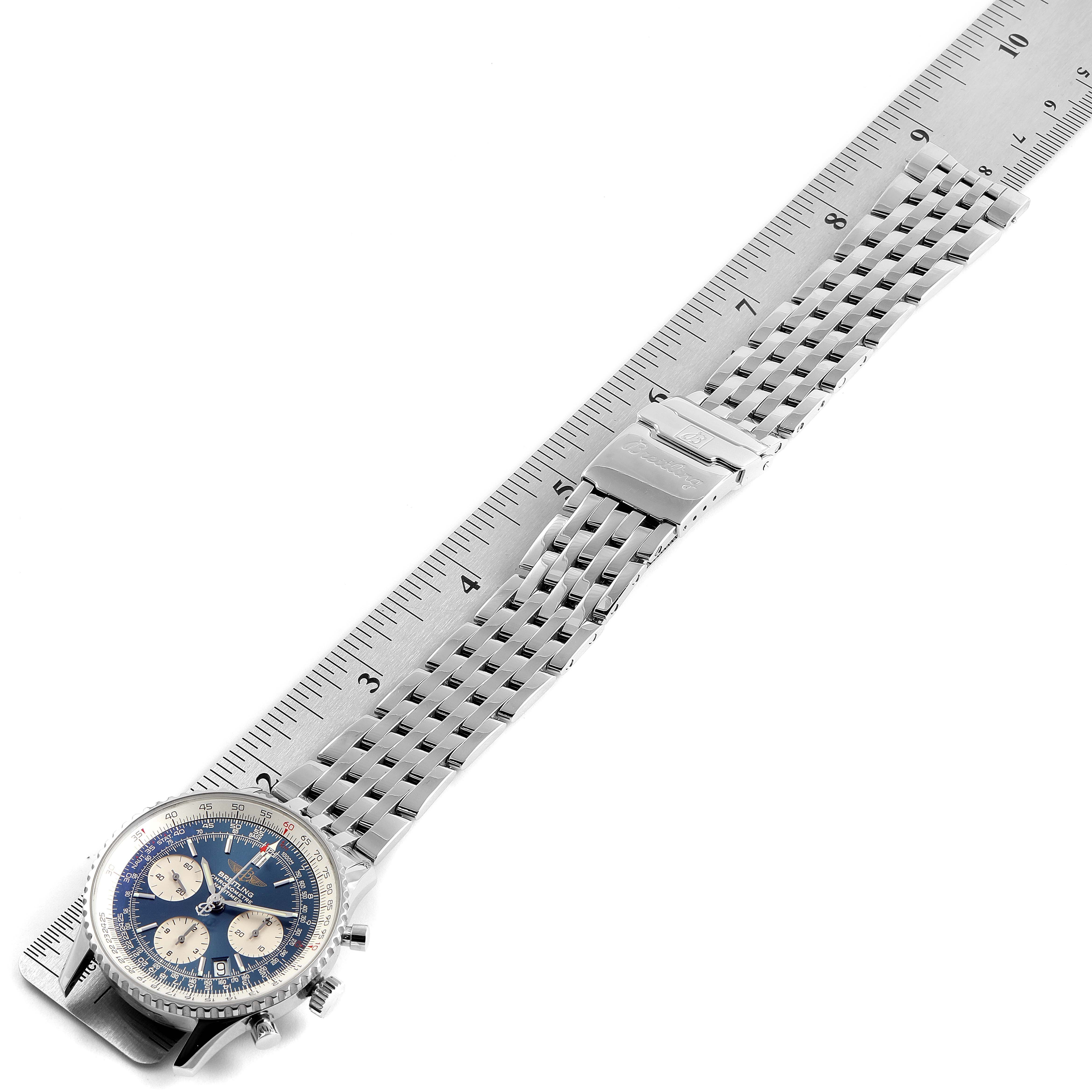 The image shows a Breitling A23322 Men's Stainless Steel Blue Dial A23322 Men's Stainless Steel Blue Dial Navitimer 42mm Blue Dial Chronograph Steel Men's Watch A23322 laid flat with a ruler next to it.
