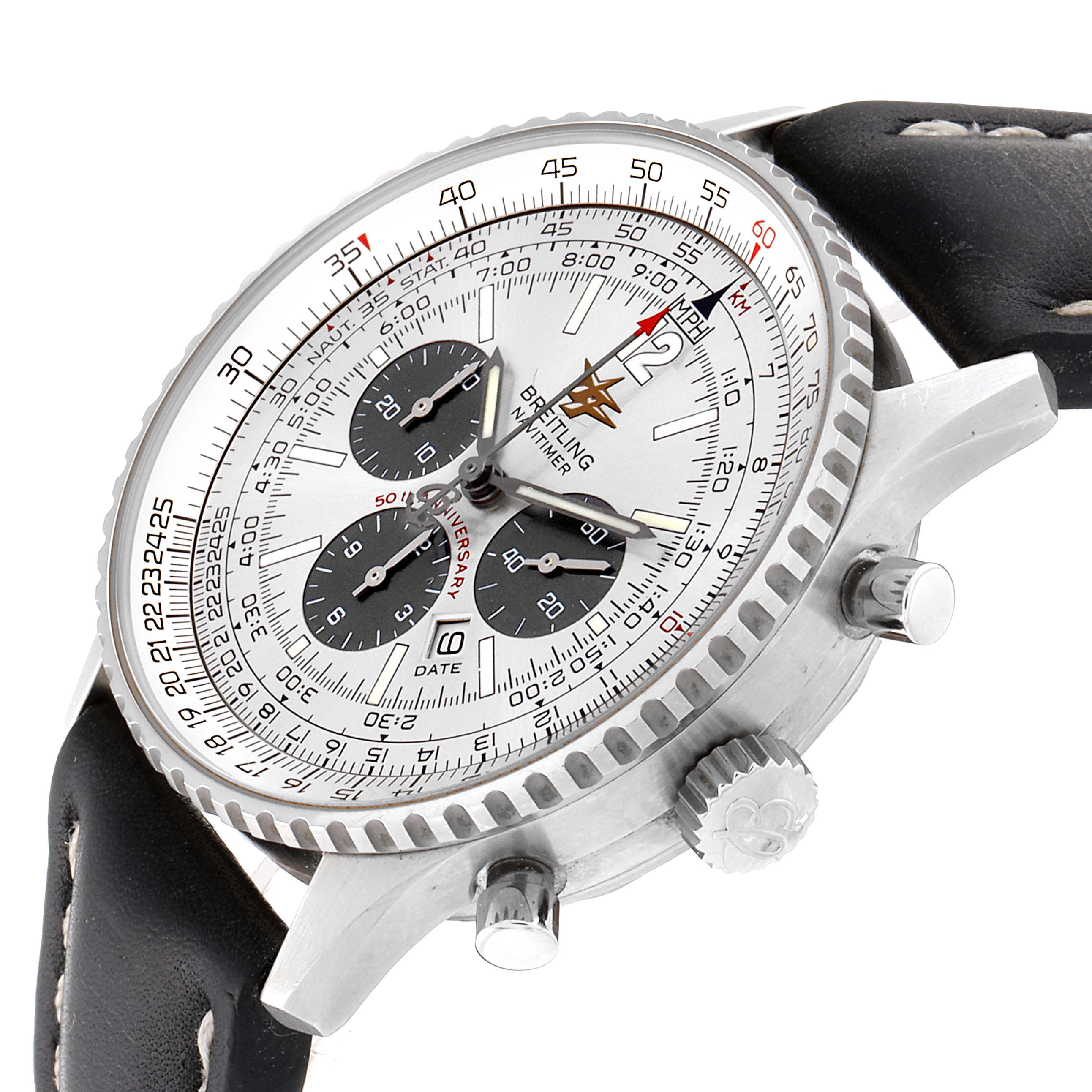 The Breitling Navitimer A41322 Men's Stainless Steel Silver Dial A41322 Men's Stainless Steel Silver Dial watch is shown at an angled side view, displaying the face, bezel, crown, pushers, and leather strap.
