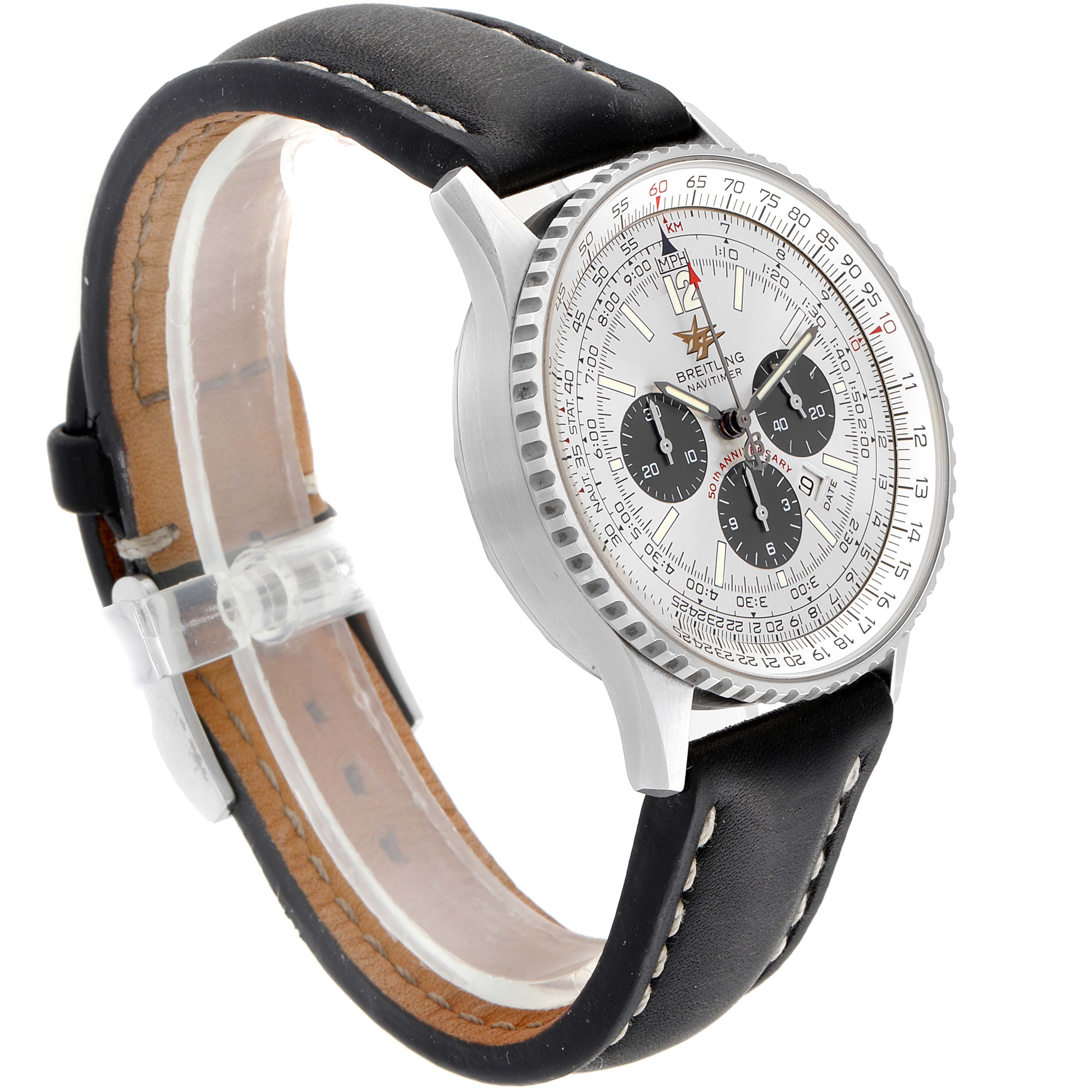 The Breitling Navitimer A41322 Men's Stainless Steel Silver Dial A41322 Men's Stainless Steel Silver Dial watch is shown at an angled view, highlighting its black leather strap, silver case, and intricate dial.