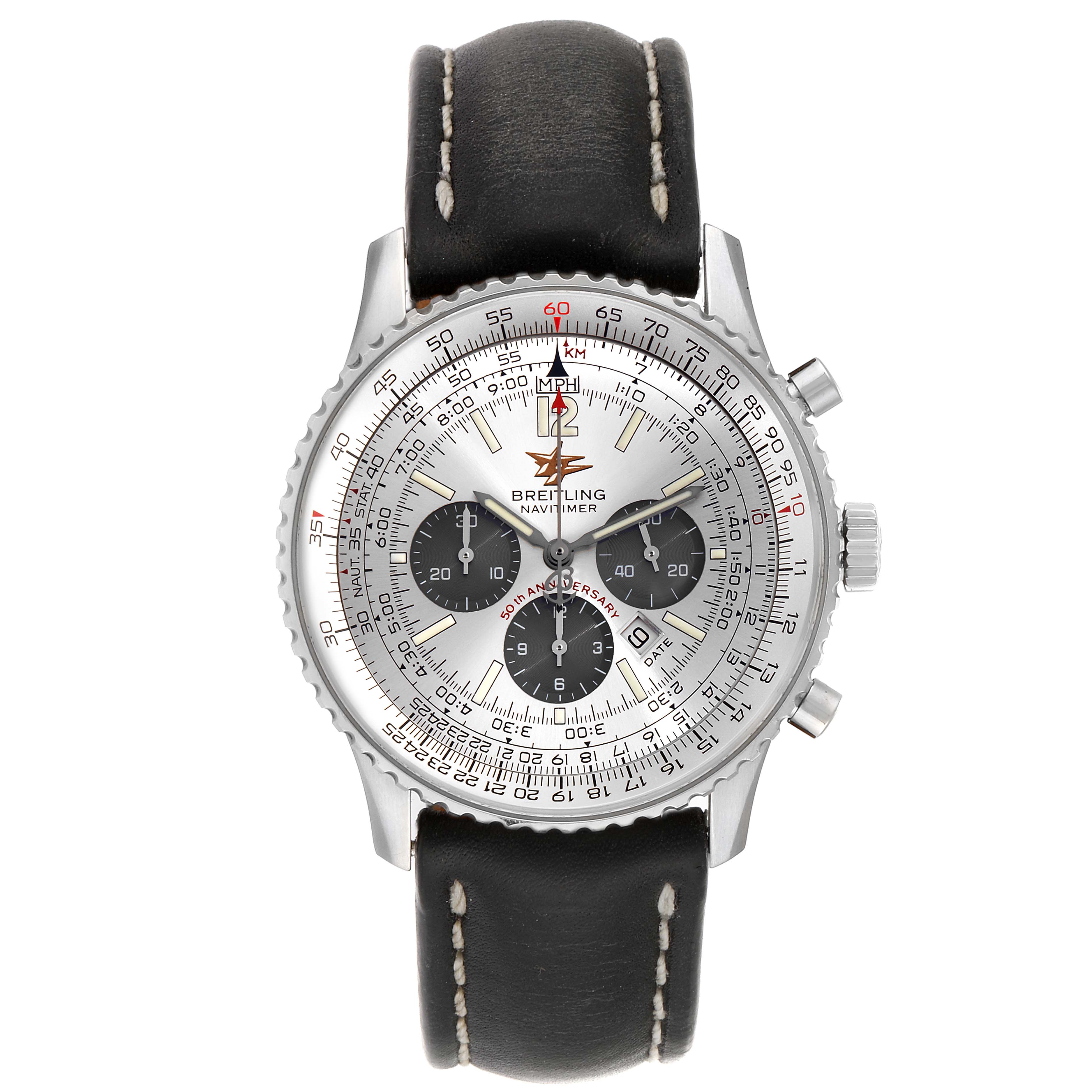 The image shows a front view of a Breitling Navitimer A41322 Men's Stainless Steel Silver Dial A41322 Men's Stainless Steel Silver Dial watch, displaying its face, black leather strap, and side buttons.