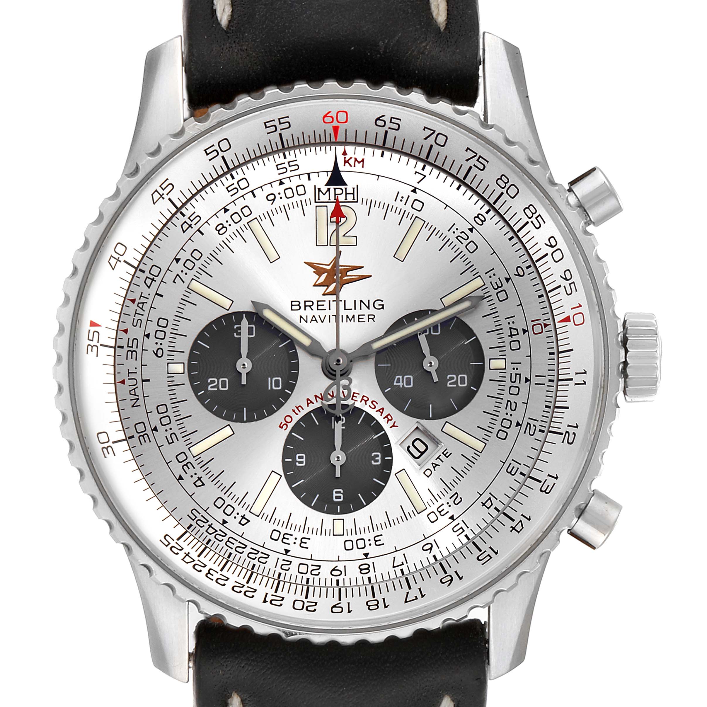 The image shows a frontal view of the Breitling Navitimer A41322 Men's Stainless Steel Silver Dial A41322 Men's Stainless Steel Silver Dial watch, featuring its dial, bezel, chronograph subdials, and pushers.