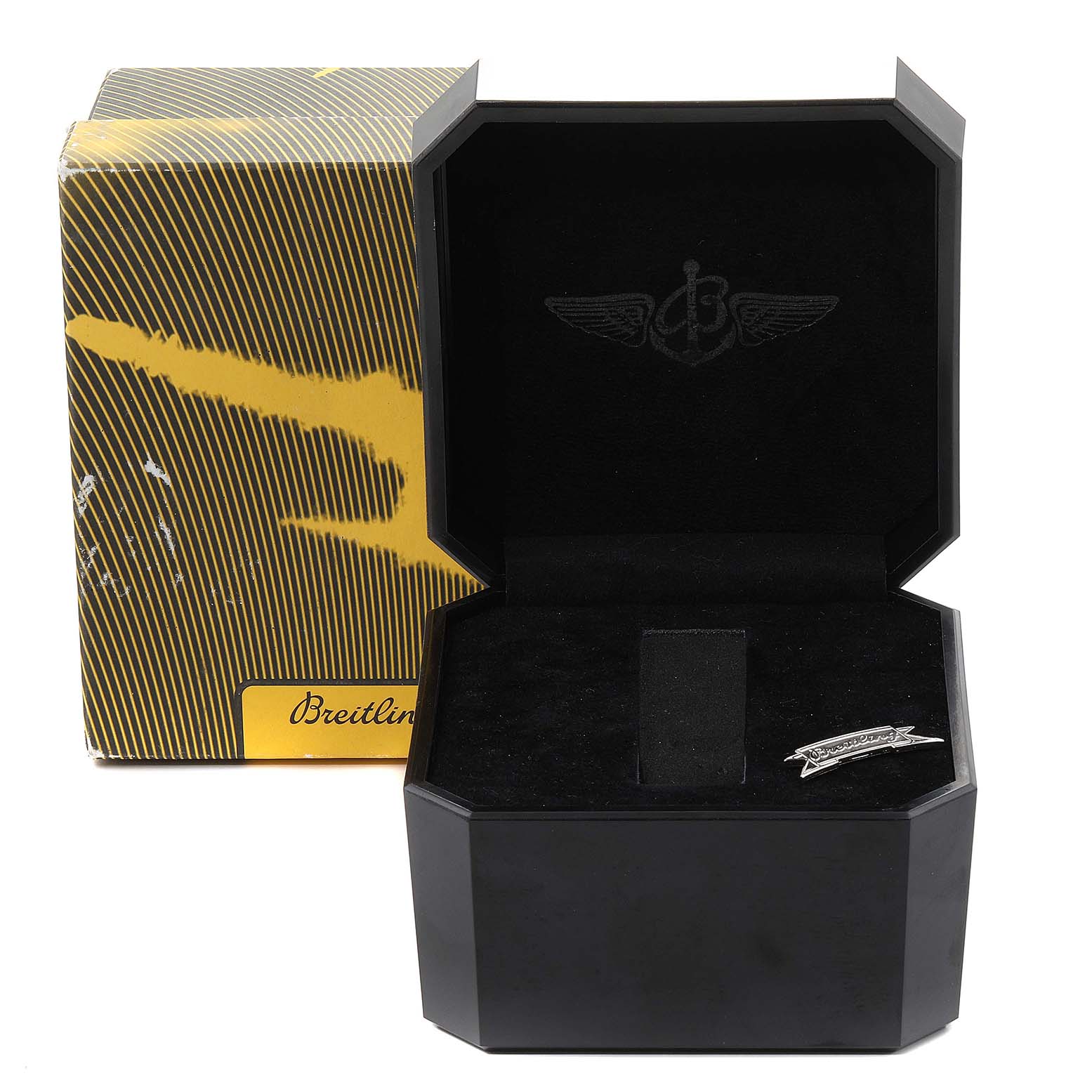 The image shows an open box for a Breitling Navitimer A41322 Men's Stainless Steel Silver Dial A41322 Men's Stainless Steel Silver Dial watch with an exterior cardboard box.