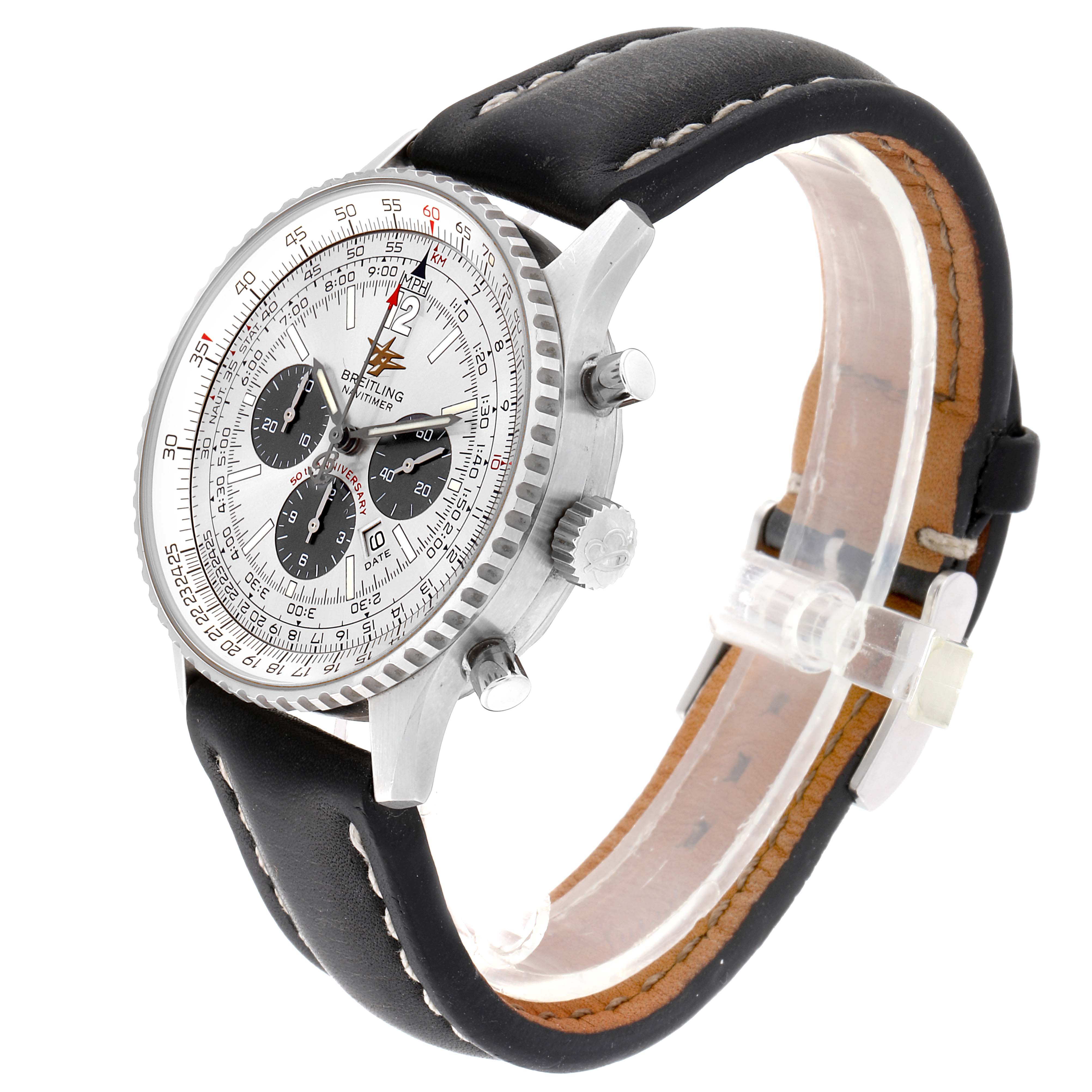 The Breitling Navitimer A41322 Men's Stainless Steel Silver Dial A41322 Men's Stainless Steel Silver Dial watch is shown at a three-quarter angle, displaying the face, crown, pushers, and leather strap.