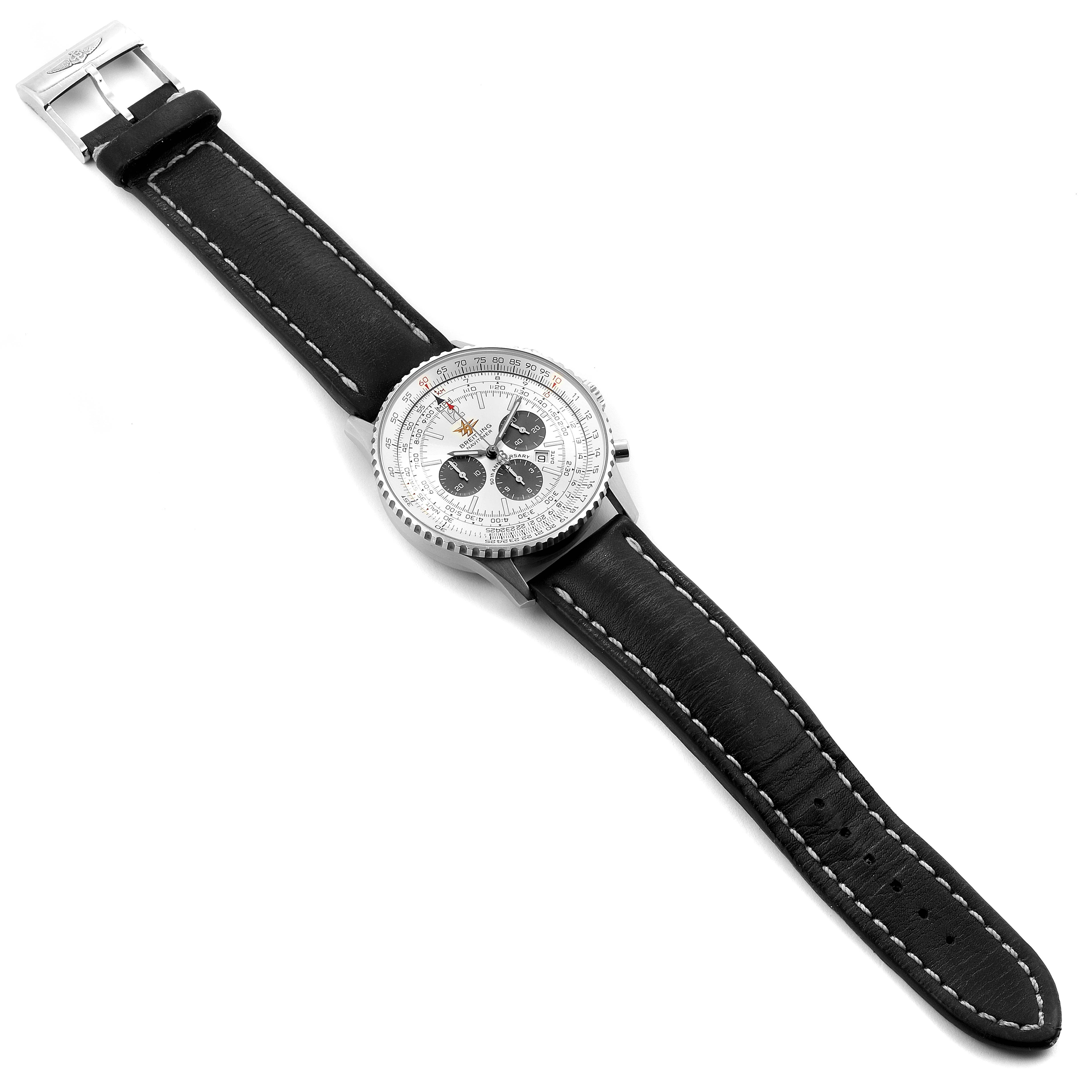 The image shows a top view of a Breitling Navitimer A41322 Men's Stainless Steel Silver Dial A41322 Men's Stainless Steel Silver Dial watch, displaying its black leather strap, buckle, and white dial.