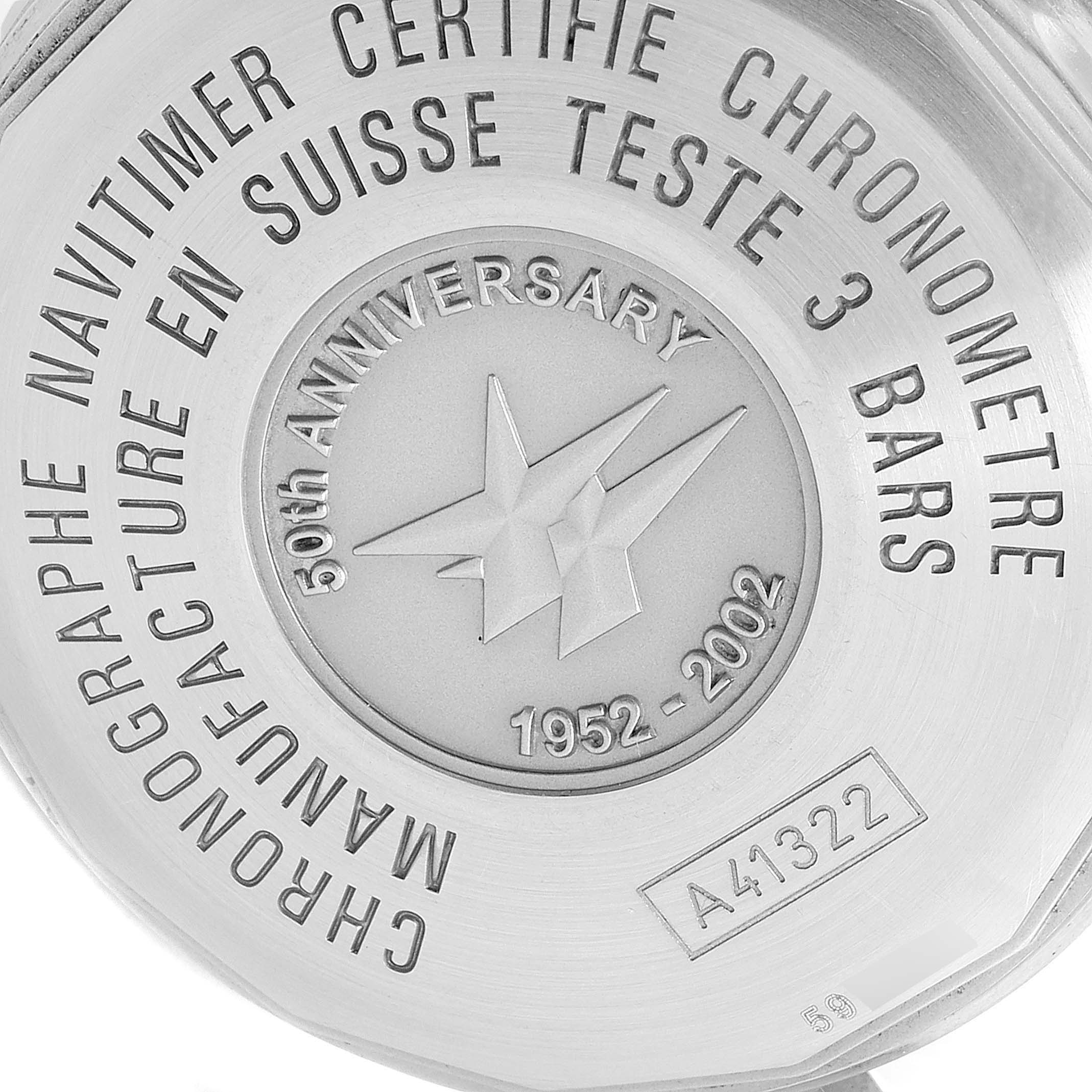 This image shows the case back of a Breitling Navitimer A41322 Men's Stainless Steel Silver Dial A41322 Men's Stainless Steel Silver Dial watch, displaying engravings for the 50th Anniversary (1952-2002).
