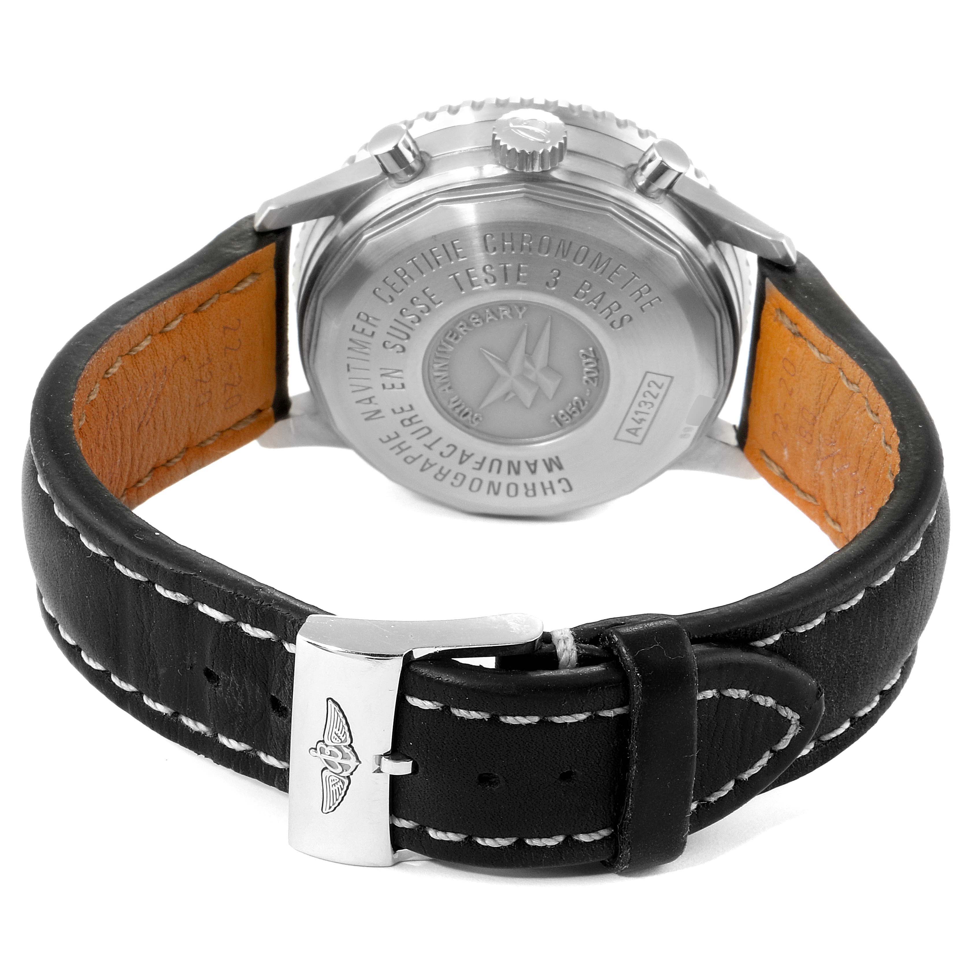 The image shows the back of the Breitling Navitimer A41322 Men's Stainless Steel Silver Dial A41322 Men's Stainless Steel Silver Dial watch and part of its black leather strap and buckle.