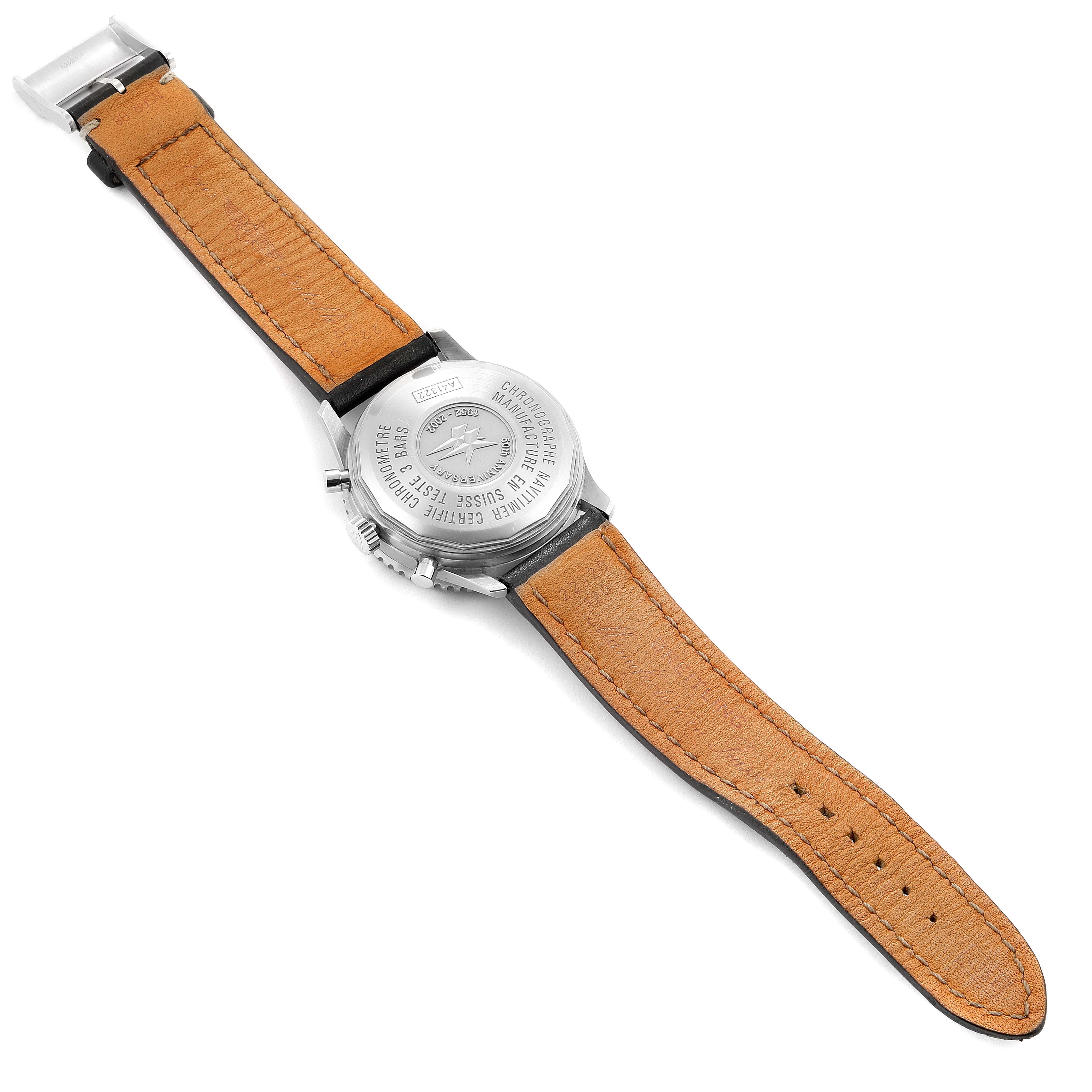 The image shows the back view of a Breitling Navitimer A41322 Men's Stainless Steel Silver Dial A41322 Men's Stainless Steel Silver Dial watch with a full view of its leather strap and engraved case back.