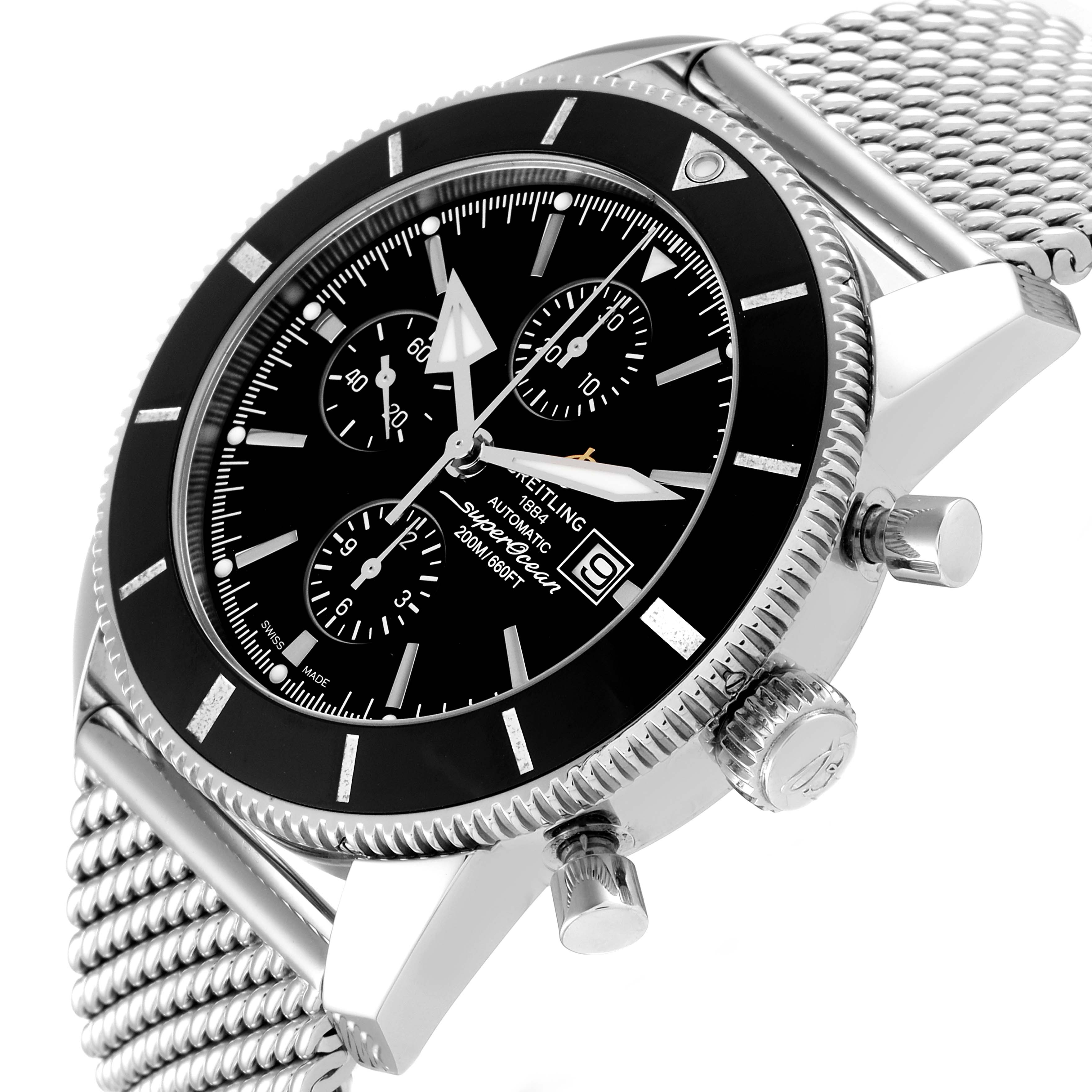 The Breitling Superocean A13312 Men
s Stainless Steel Black Dial watch is shown at an angled view highlighting the bezel, dial, side crown, and chronograph buttons.