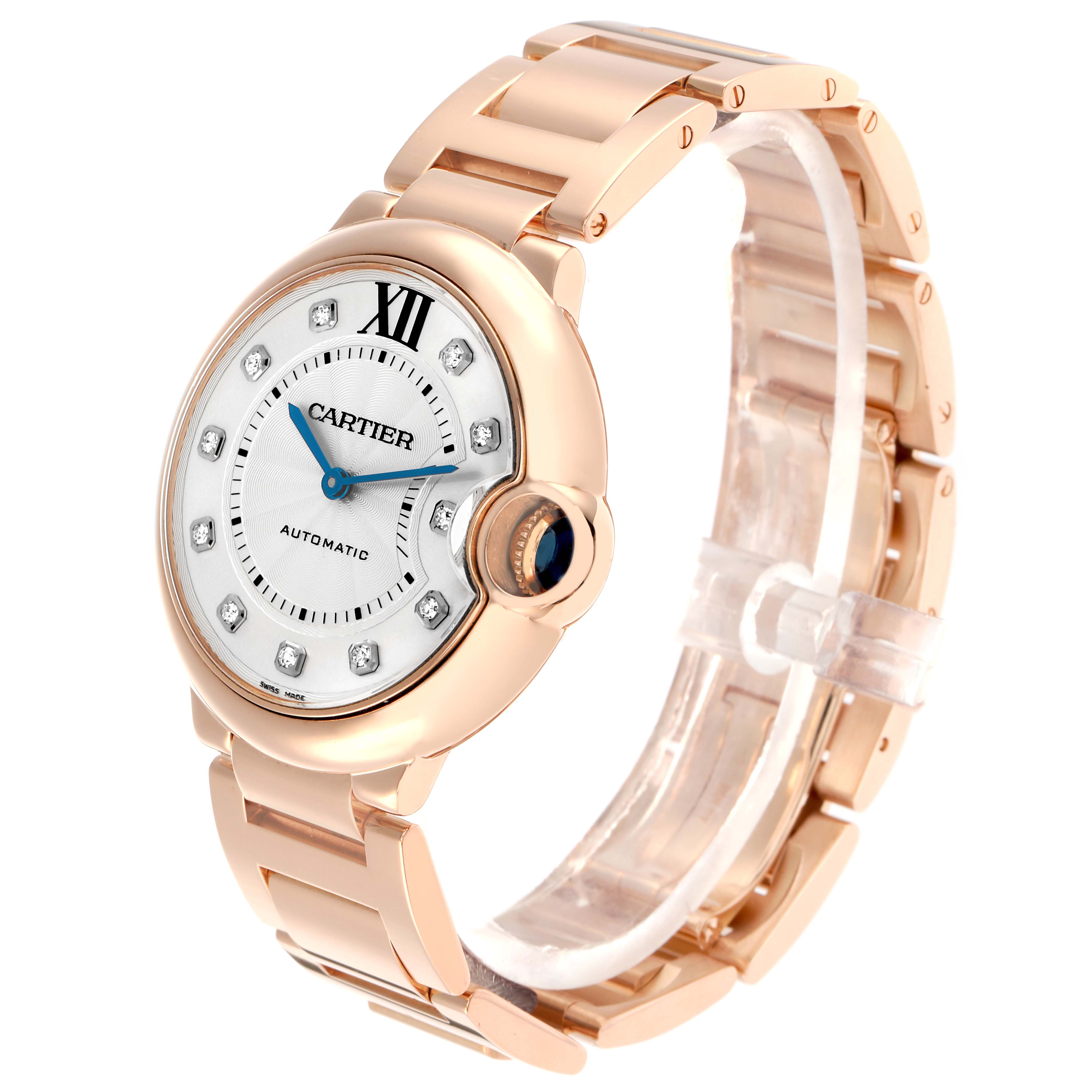 The Cartier Ballon Bleu WE902026 Women
s Rose Gold Silver Dial watch is shown at a slight angle, highlighting the dial, case, and bracelet.