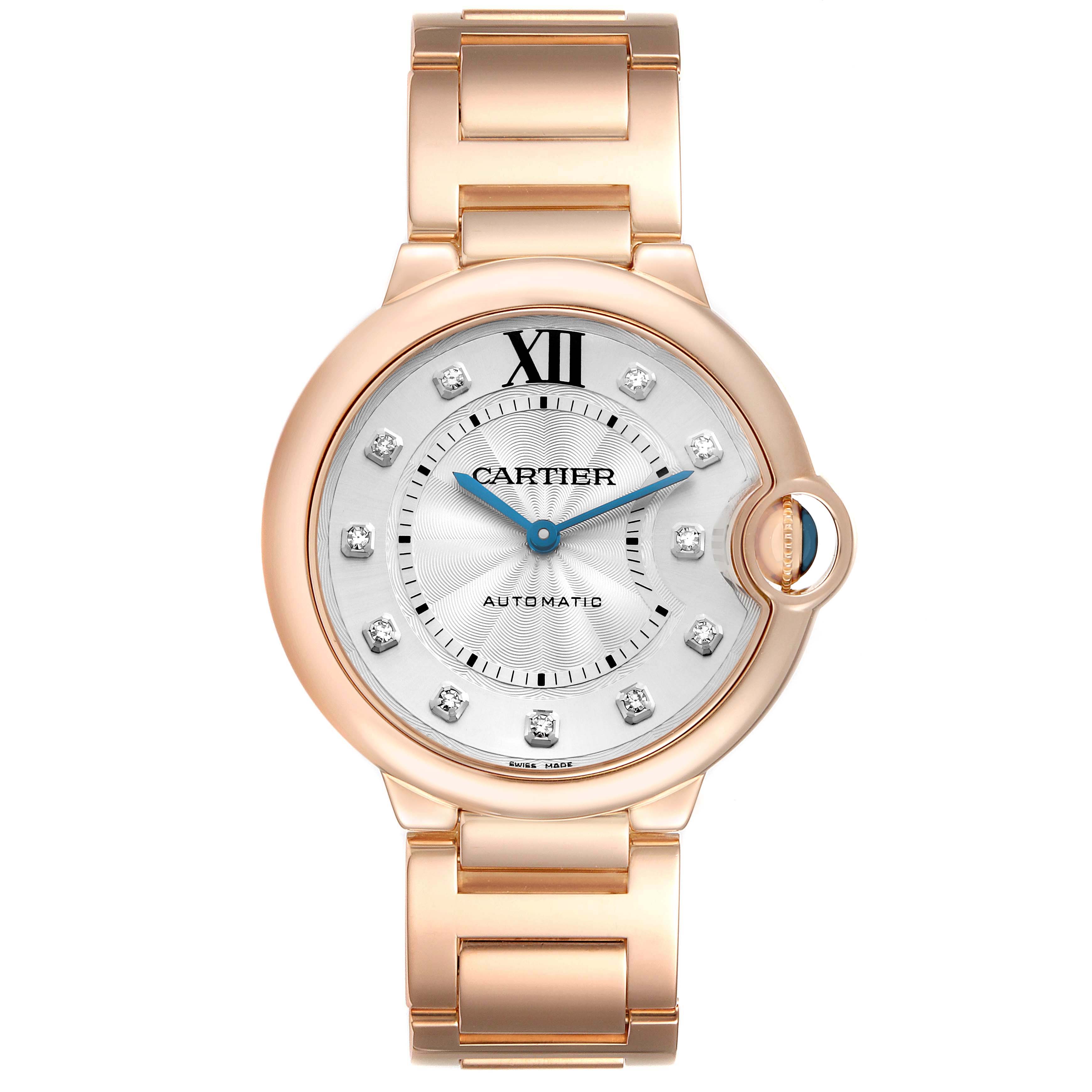 The Cartier Ballon Bleu WE902026 Women
s Rose Gold Silver Dial watch is shown from a front angle, highlighting the dial, crown, and metal bracelet.