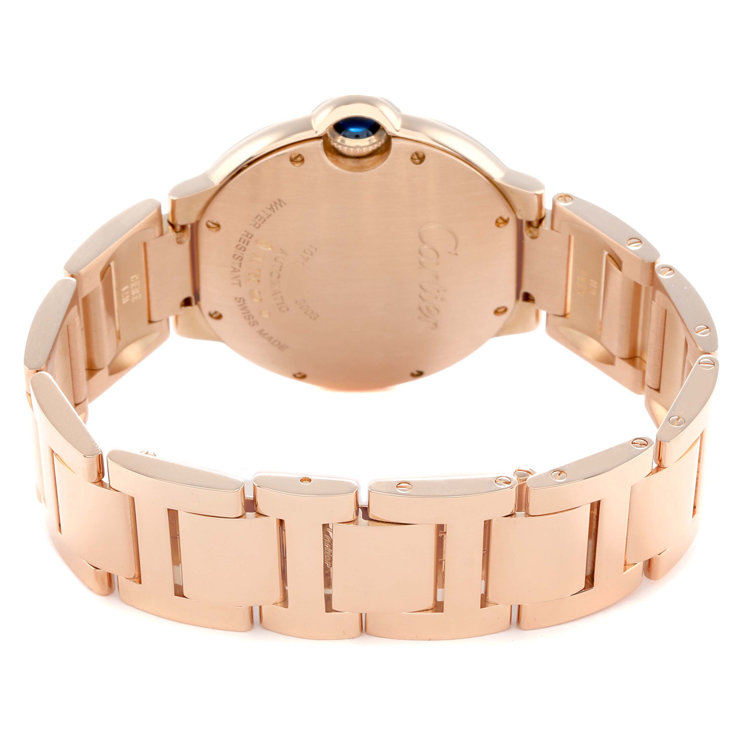 The image shows the back view of the Cartier Ballon Bleu WE902026 Women
s Rose Gold Silver Dial, highlighting the bracelet and case back.