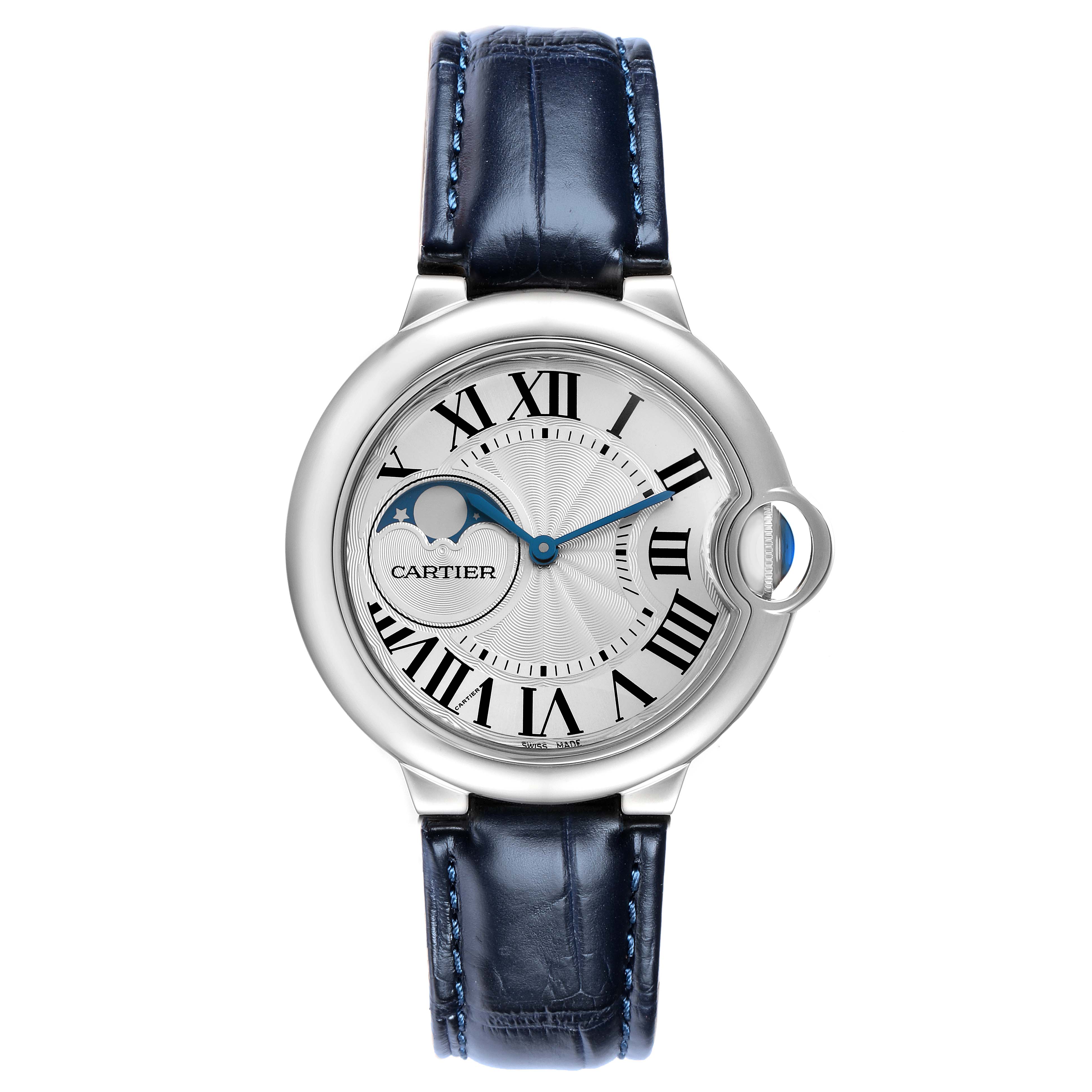 The Cartier Ballon Bleu WSBB0020 Men
s Stainless Steel Silver Dial watch is shown from the front, displaying its round case and Roman numeral dial with a blue leather strap.