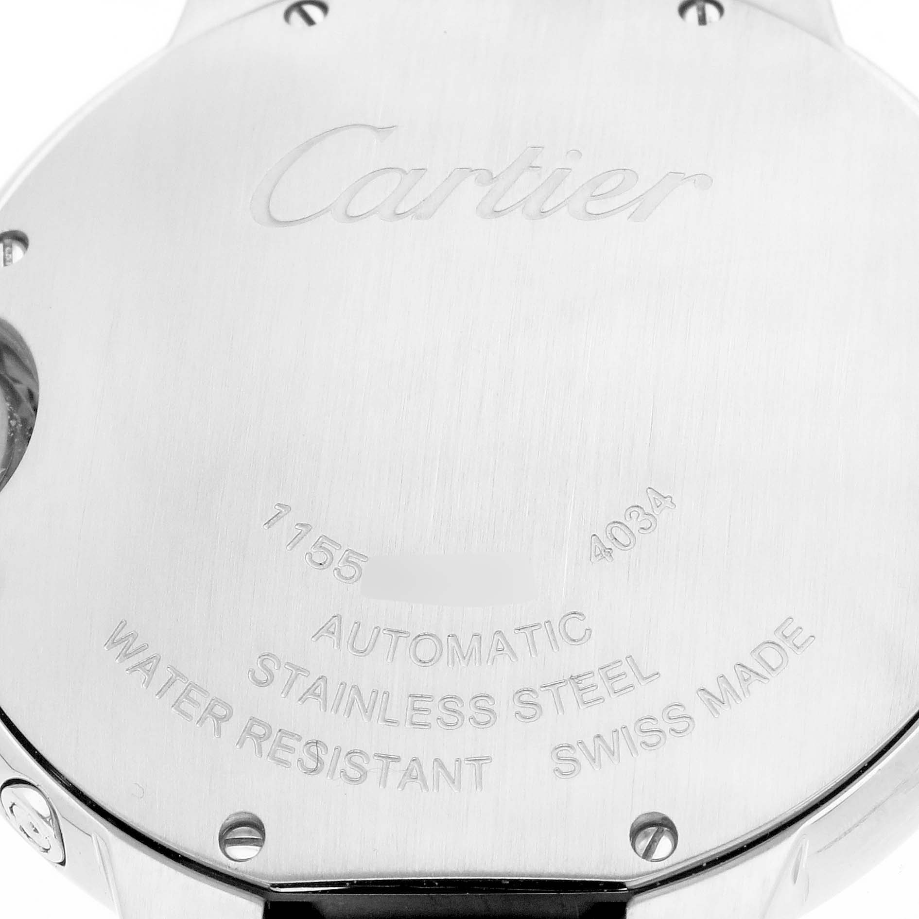The image shows the back of a Cartier Ballon Bleu WSBB0020 Men
s Stainless Steel Silver Dial watch, featuring engraved branding and specifications.