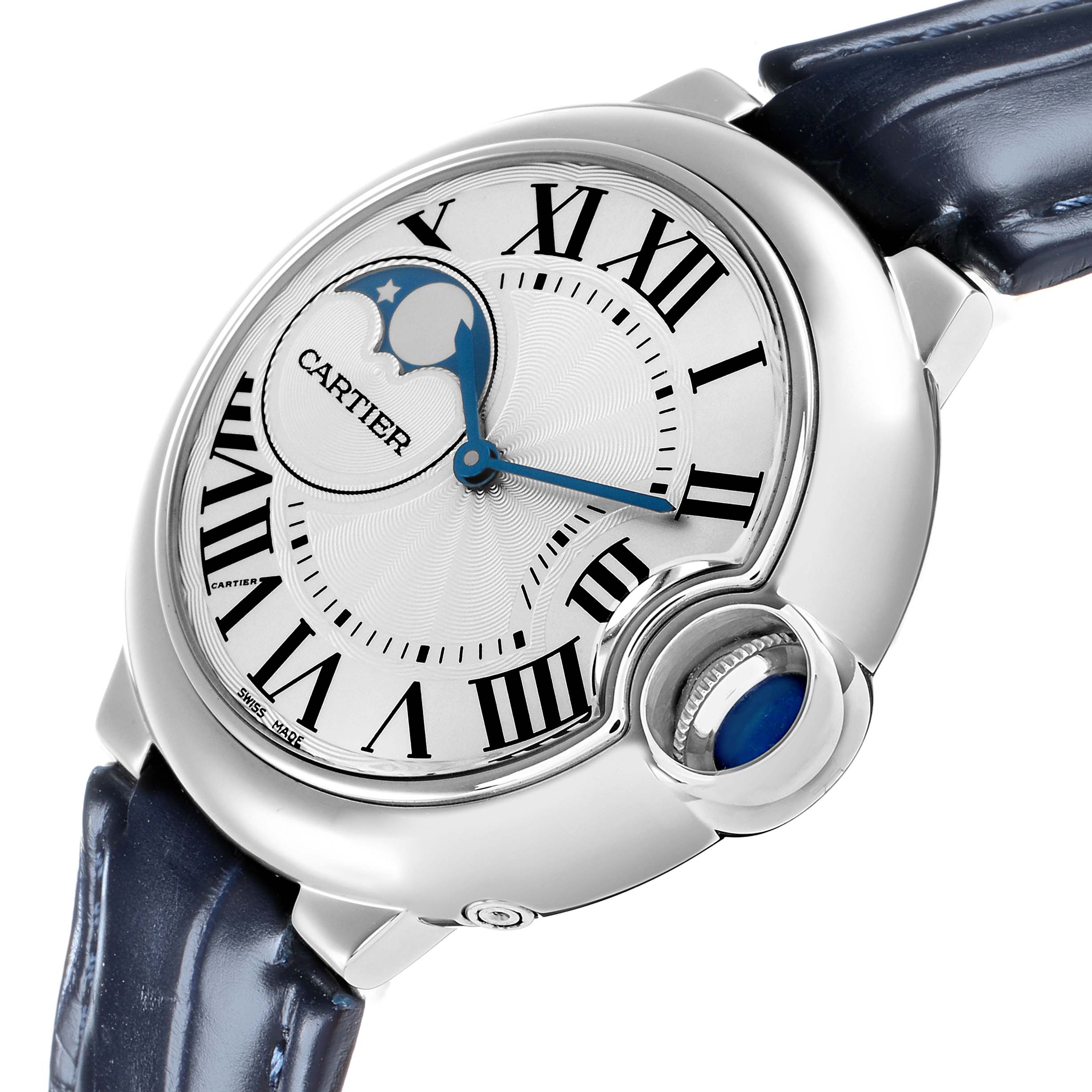 The Cartier Ballon Bleu WSBB0020 Men
s Stainless Steel Silver Dial watch is shown from a side angle, highlighting the dial, Roman numerals, crown, and strap connection.