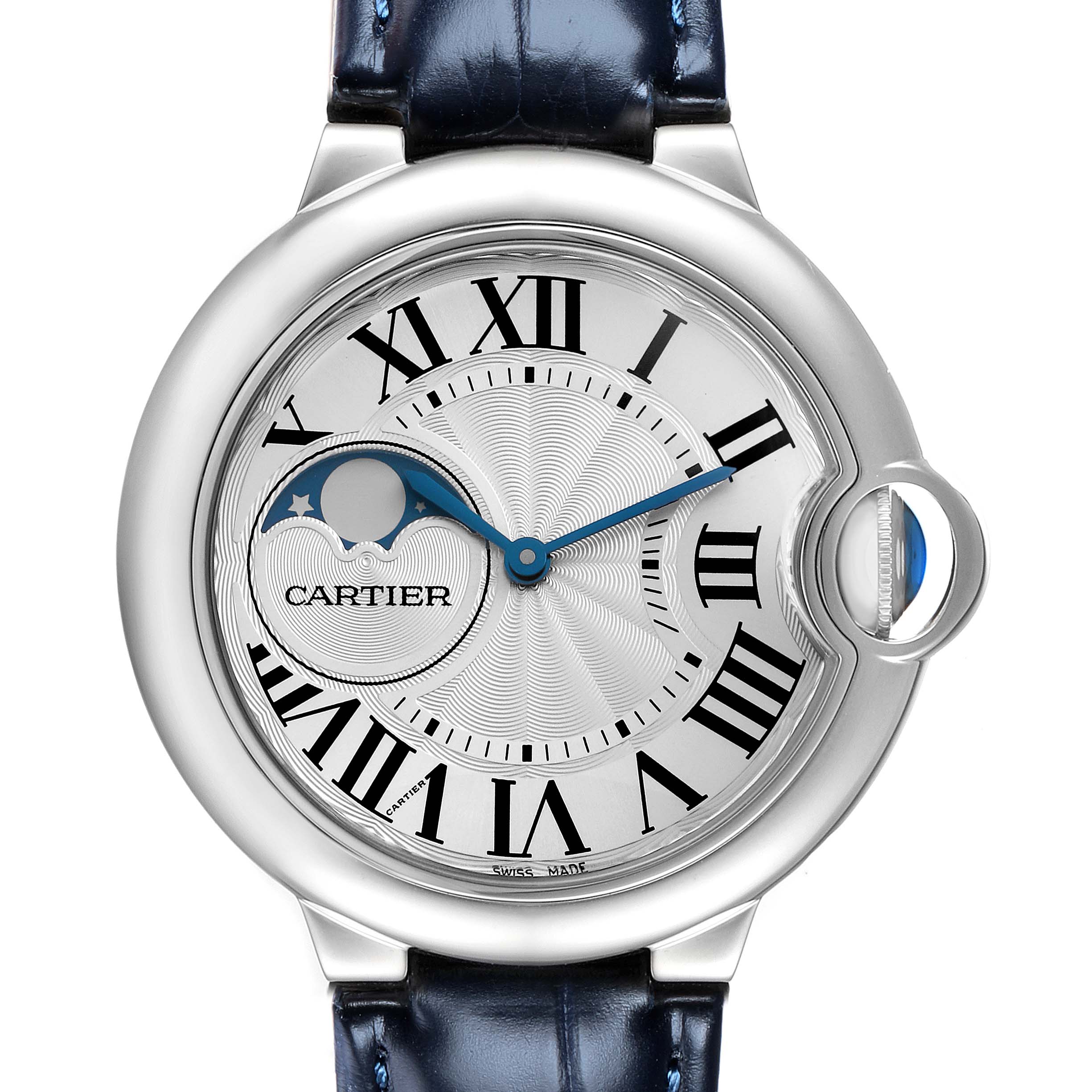 This Cartier Ballon Bleu WSBB0020 Men
s Stainless Steel Silver Dial watch is shown from a front view, displaying its face, Roman numerals, and moon phase feature.