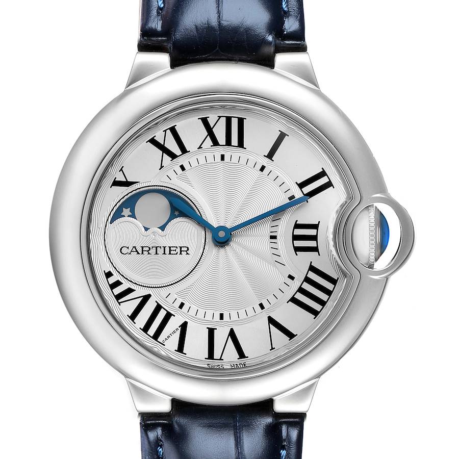 This Cartier Ballon Bleu WSBB0020 Men's Stainless Steel Silver Dial watch is shown from a front view, displaying its face, Roman numerals, and moon phase feature.