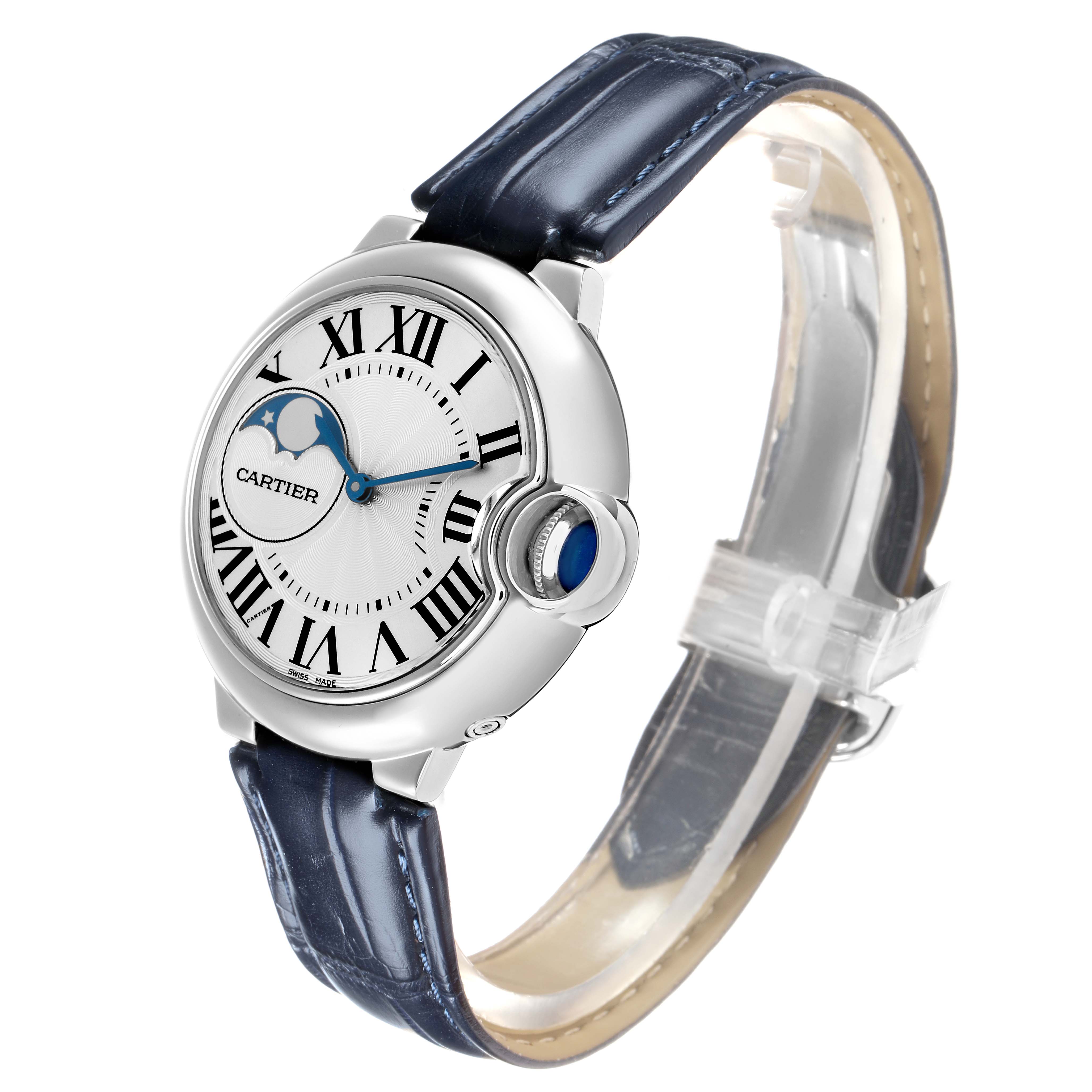The Cartier Ballon Bleu WSBB0020 Men
s Stainless Steel Silver Dial watch is shown at a three-quarter angle, highlighting the face, crown, and part of the strap.