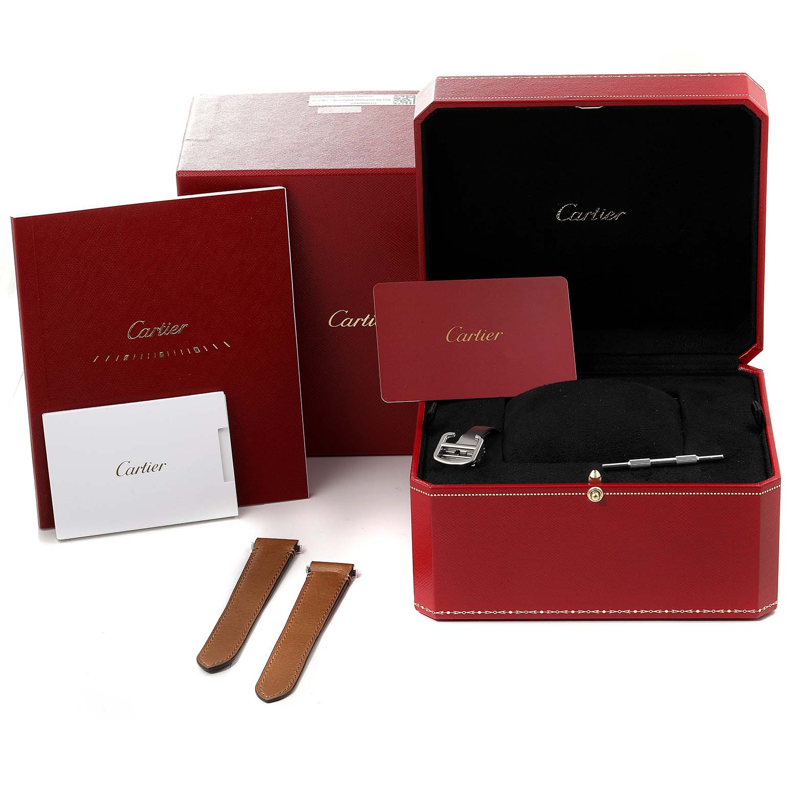 The image shows a Cartier Santos W2SA0007 Men's Steel and Gold (two tone) Silver Dial W2SA0007 Men's Steel and Gold (two tone) Silver Dial watch presentation set with a red box, manual, brown straps, a tool, and a guarantee card.