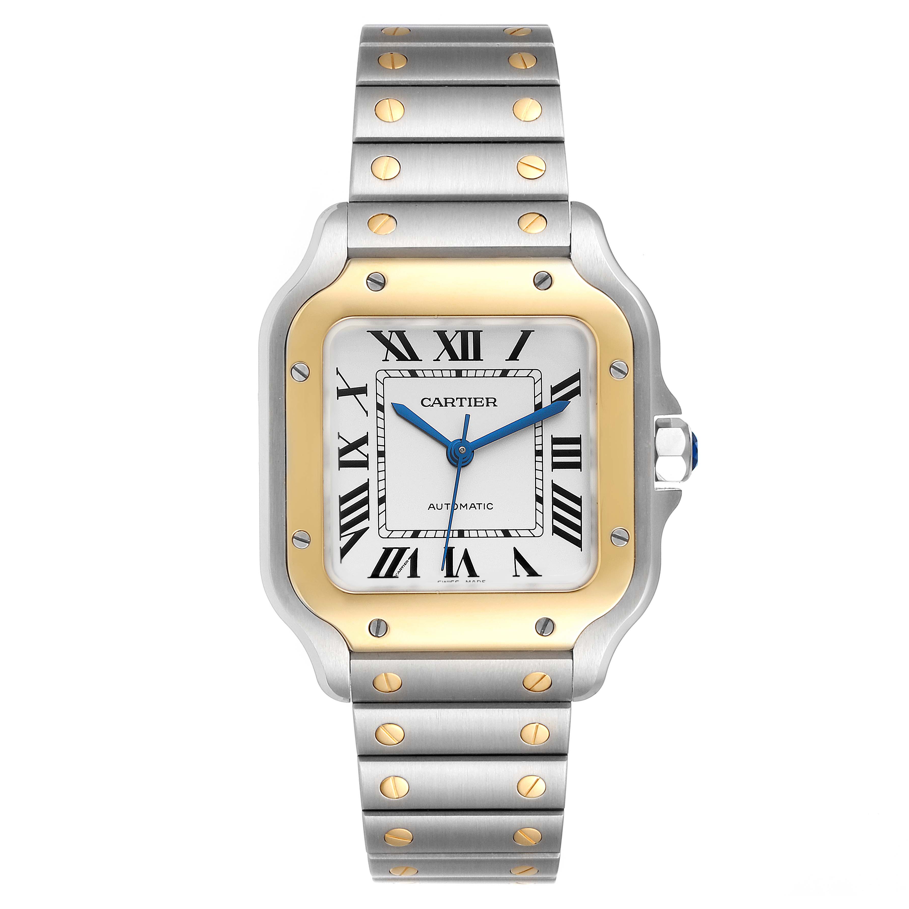 The Cartier Santos W2SA0007 Men's Steel and Gold (two tone) Silver Dial W2SA0007 Men's Steel and Gold (two tone) Silver Dial watch is shown from a front angle, displaying its face, bezel, and bracelet with visible screws.