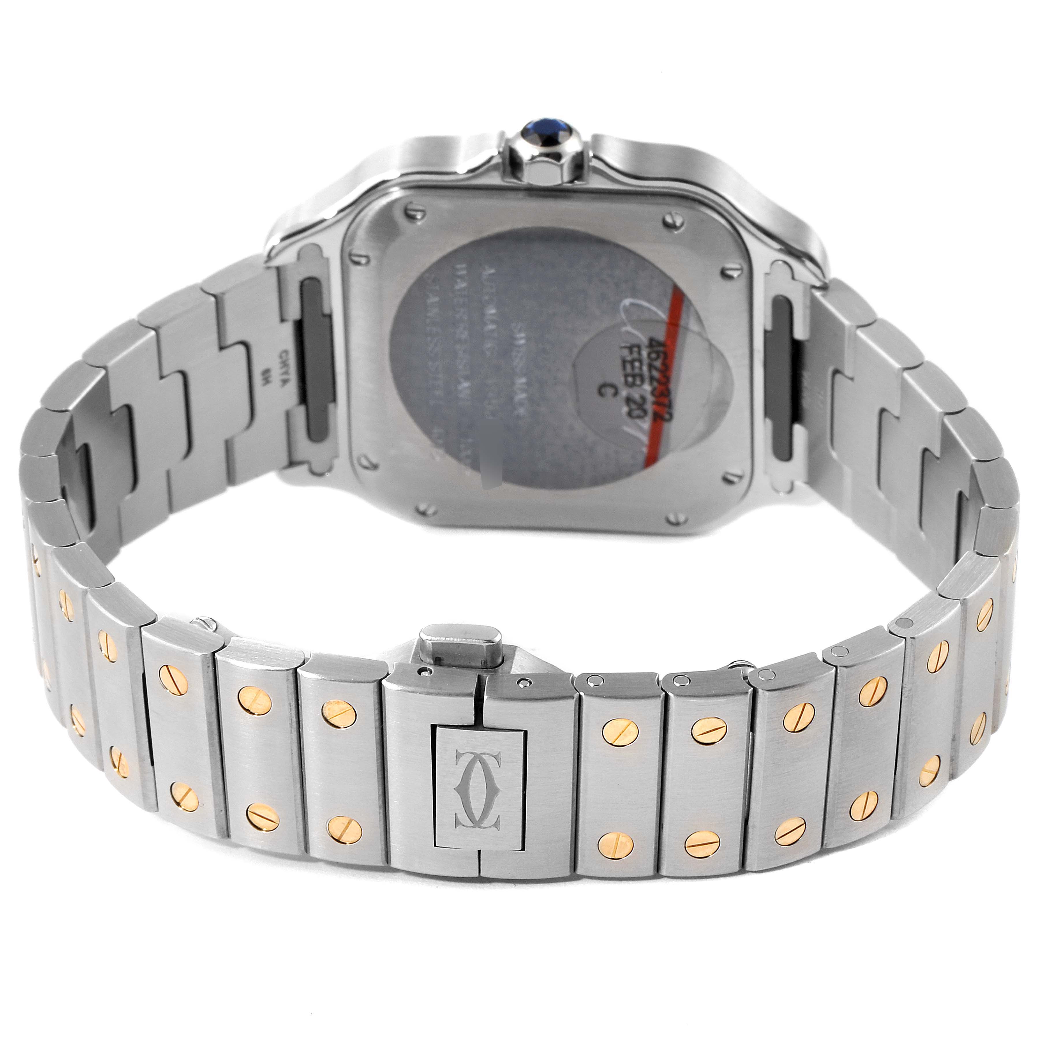The image shows the back and bracelet of a Cartier Santos W2SA0007 Men's Steel and Gold (two tone) Silver Dial W2SA0007 Men's Steel and Gold (two tone) Silver Dial watch, displaying the case back and the deployment clasp.