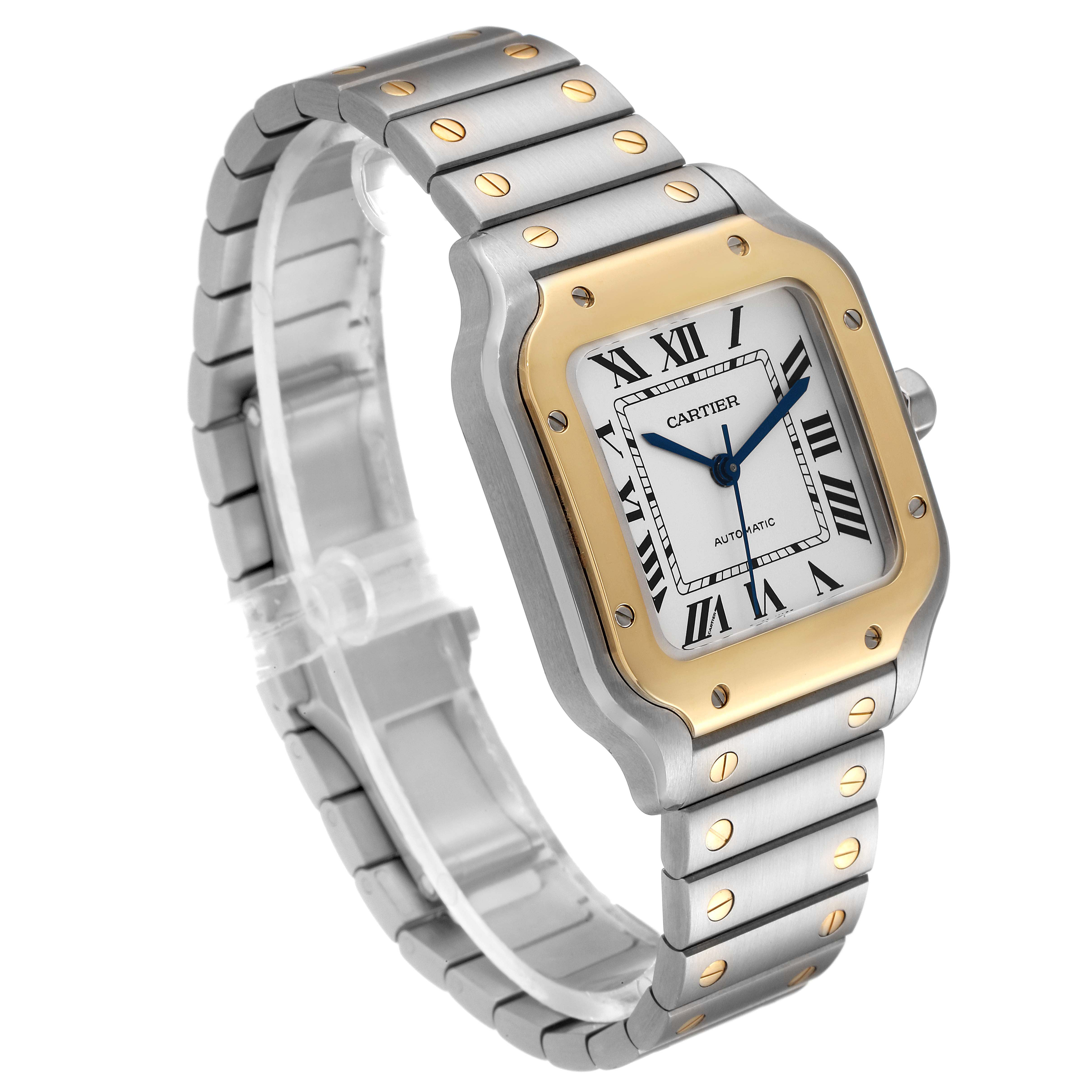 The image shows the Cartier Santos W2SA0007 Men's Steel and Gold (two tone) Silver Dial W2SA0007 Men's Steel and Gold (two tone) Silver Dial watch at a three-quarter angle, highlighting its dial, bezel, and stainless steel bracelet with gold accents.