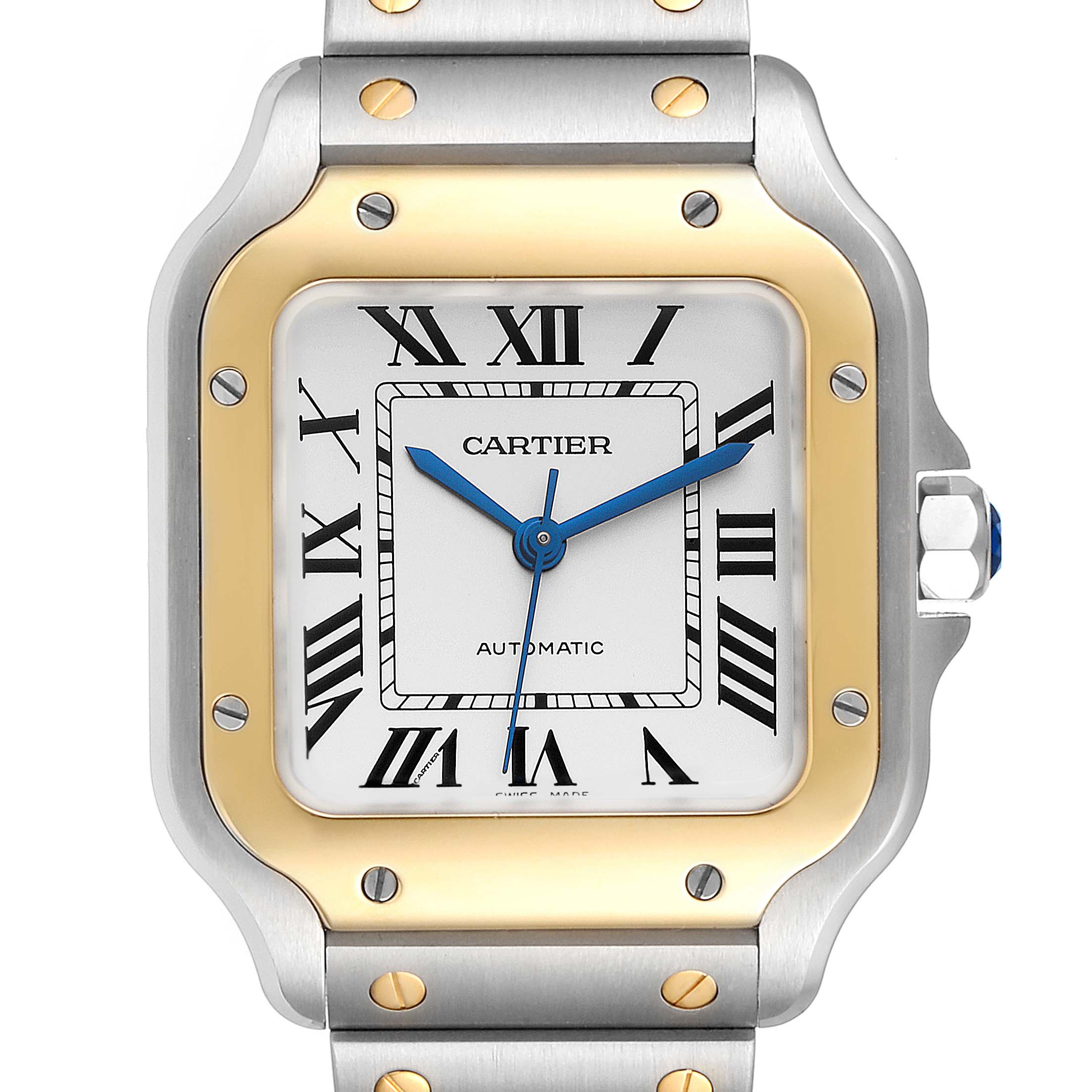 This image shows a close-up frontal view of the Cartier Santos W2SA0007 Men's Steel and Gold (two tone) Silver Dial W2SA0007 Men's Steel and Gold (two tone) Silver Dial watch, highlighting the dial, bezel, and part of the bracelet.