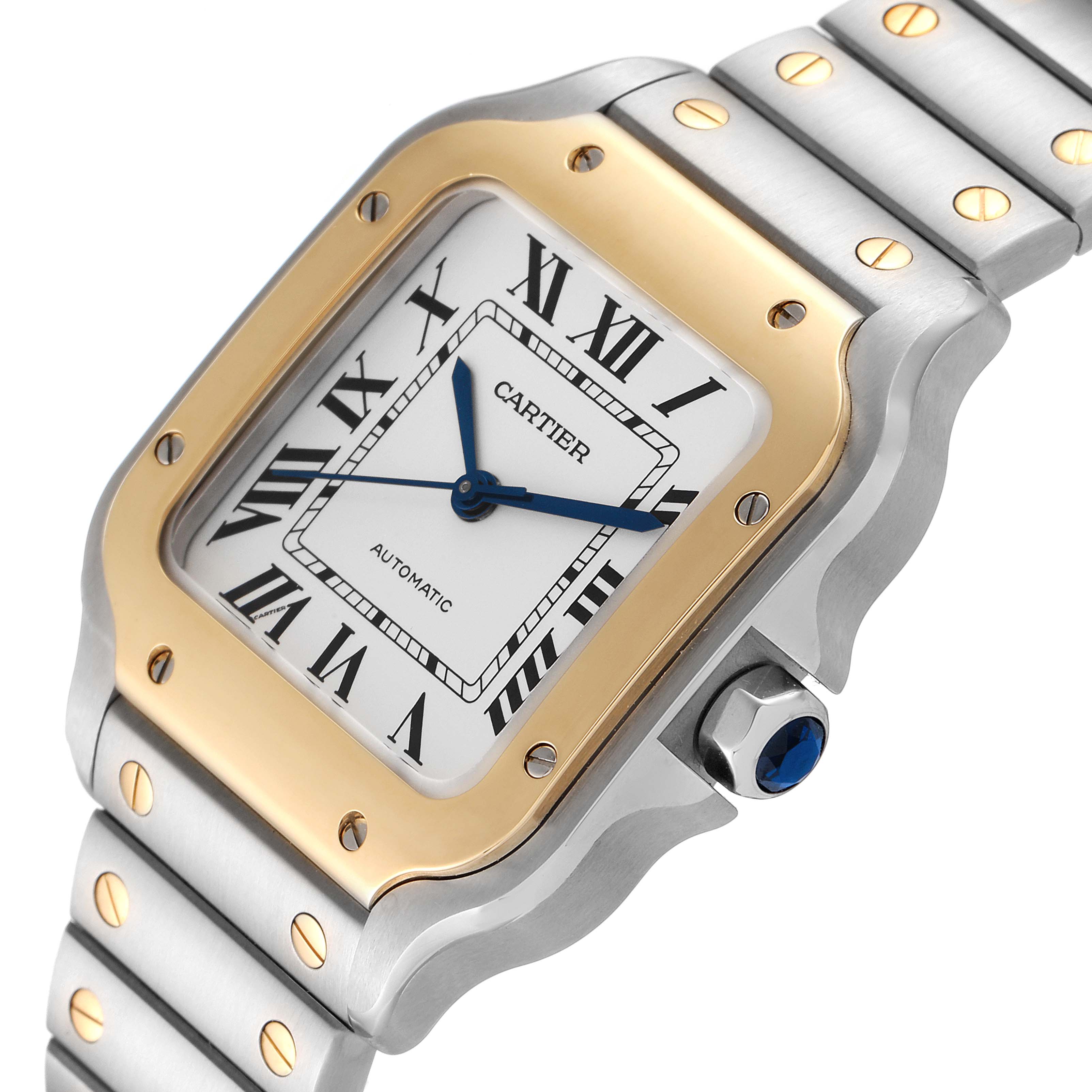 The image shows a close-up of the Cartier Santos W2SA0007 Men's Steel and Gold (two tone) Silver Dial W2SA0007 Men's Steel and Gold (two tone) Silver Dial watch, highlighting its square case, bracelet, and Roman numeral dial.