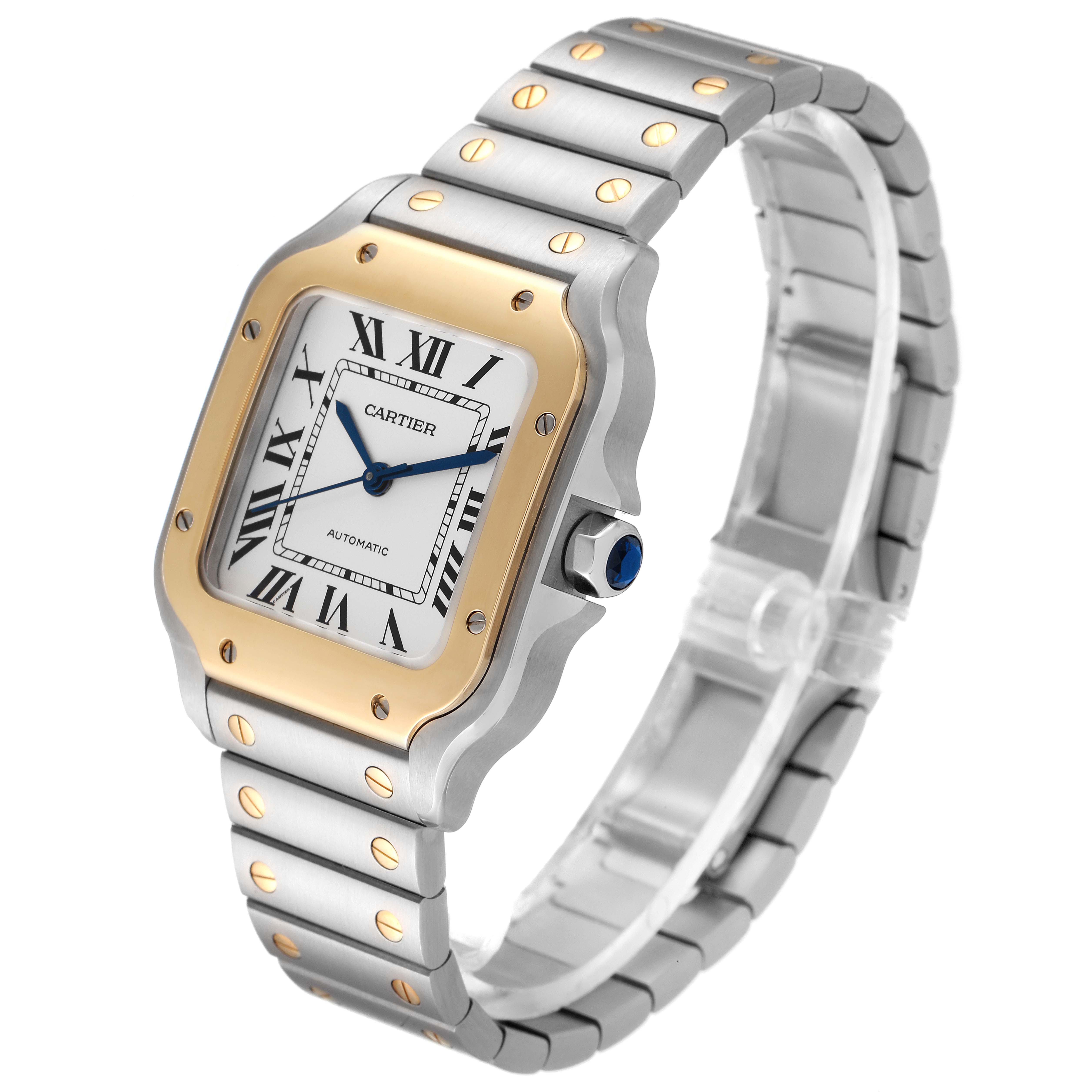 This image shows the Cartier Santos W2SA0007 Men's Steel and Gold (two tone) Silver Dial W2SA0007 Men's Steel and Gold (two tone) Silver Dial watch at an oblique angle, highlighting the face, bezel, and bracelet.