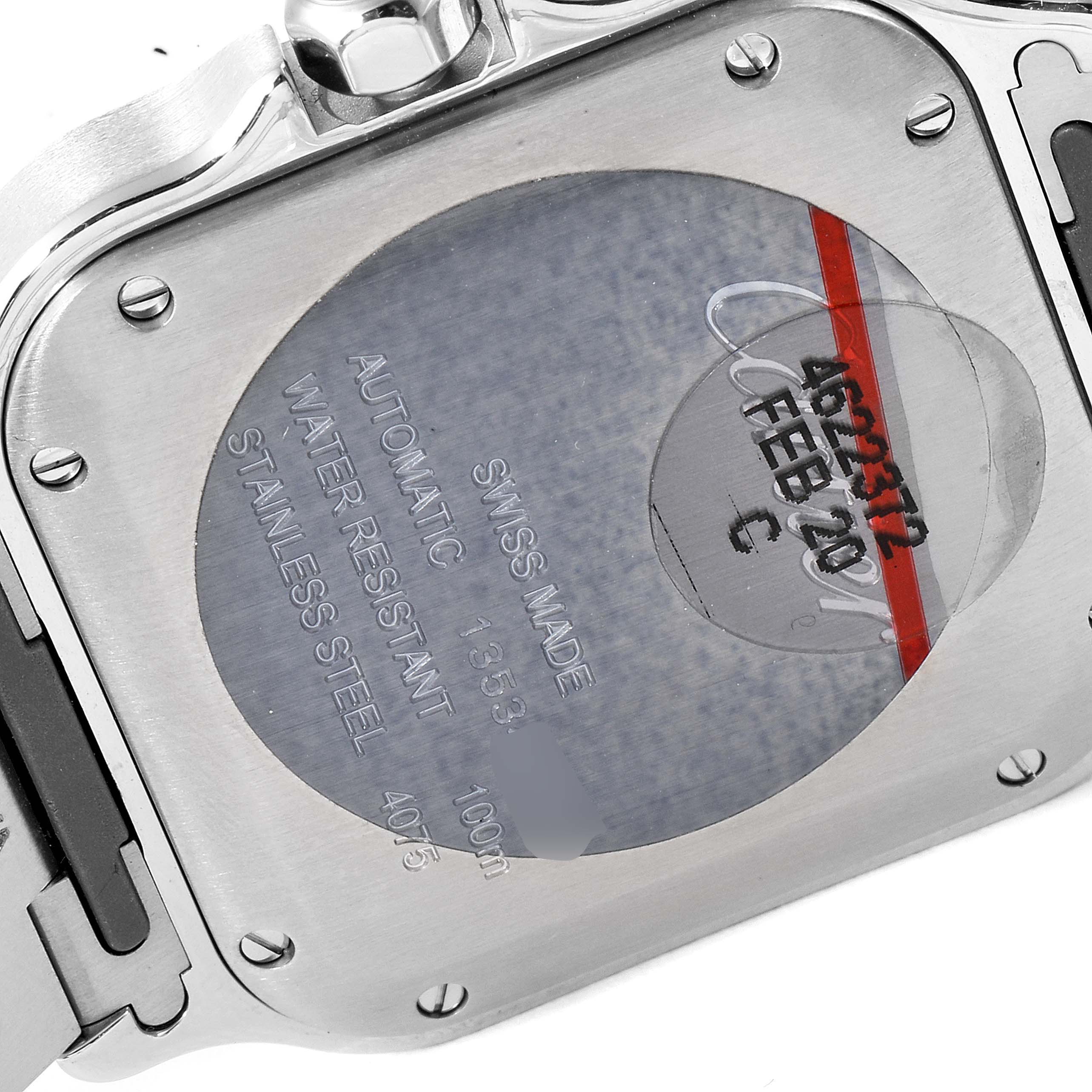 This image shows the back of a Santos model watch by Cartier, displaying its specifications and serial numbers.