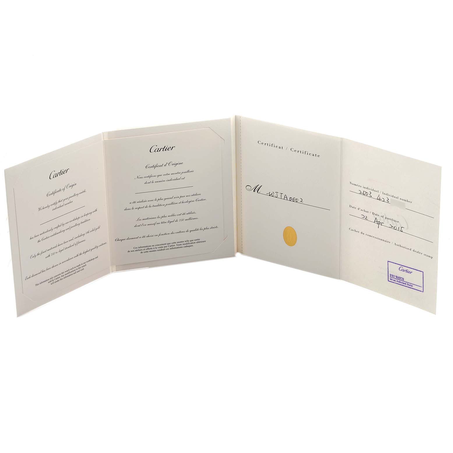 The image shows the open certificate of origin for the Cartier Tank Americaine WJTA0002 Women
s Rose Gold Silver Dial model.