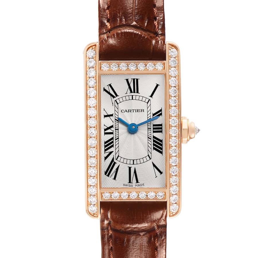The Cartier Tank Americaine WJTA0002 Women's Rose Gold Silver Dial watch is shown from a top-down view highlighting its rectangular face with a diamond bezel and brown leather strap.