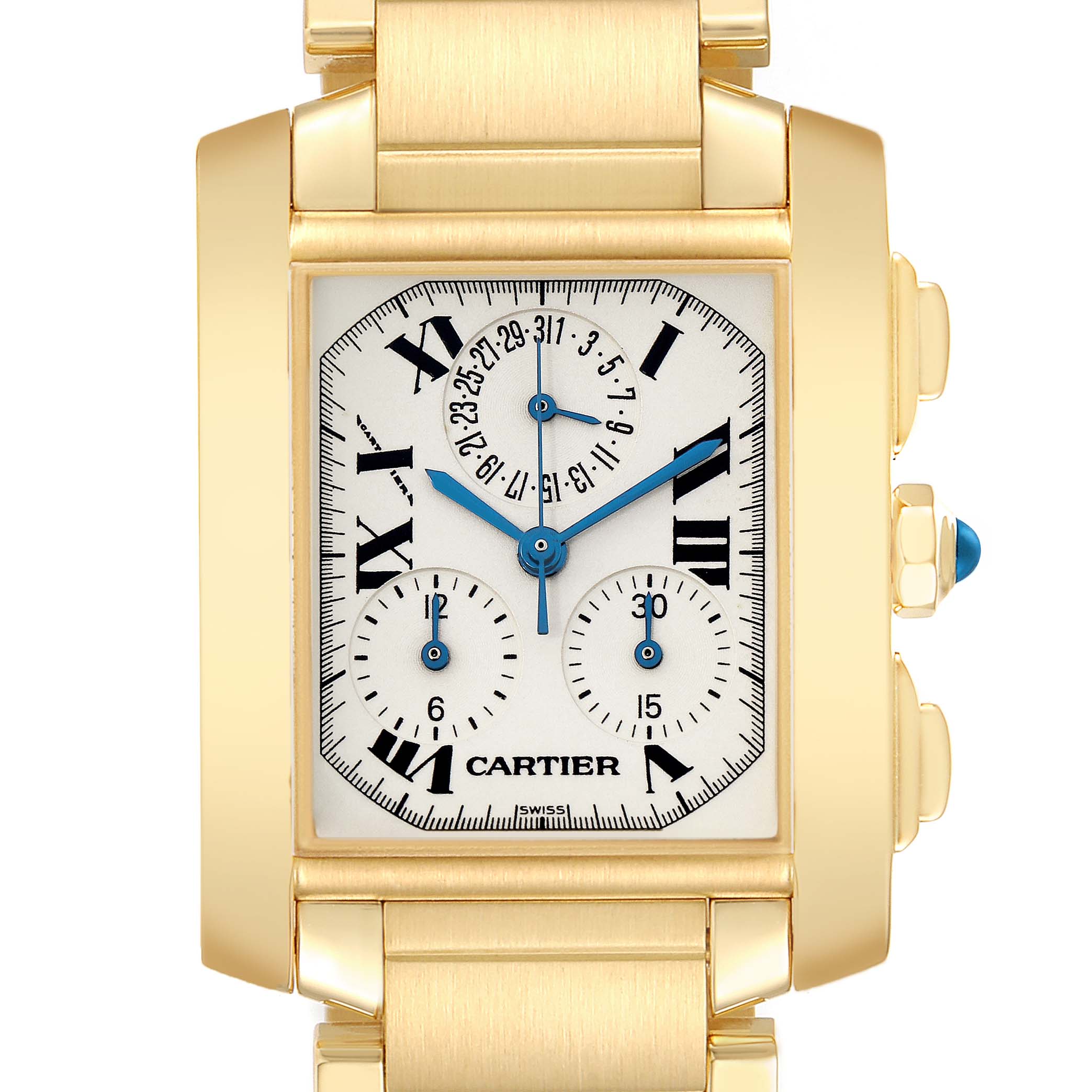 The Cartier Tank Française watch is shown from the front, displaying its rectangular face, Roman numerals, and subdials.