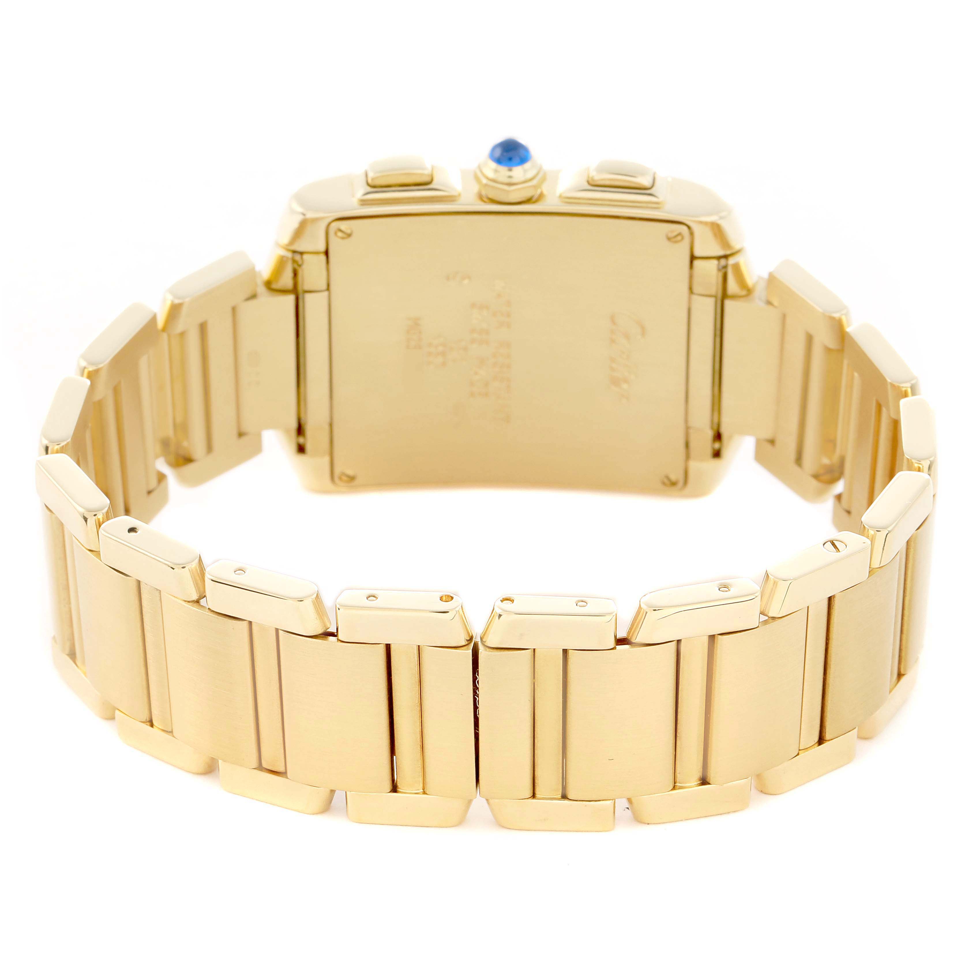 The image shows the back and bracelet of a Cartier Tank Française watch, highlighting its gold-tone links and crown with a blue gemstone.