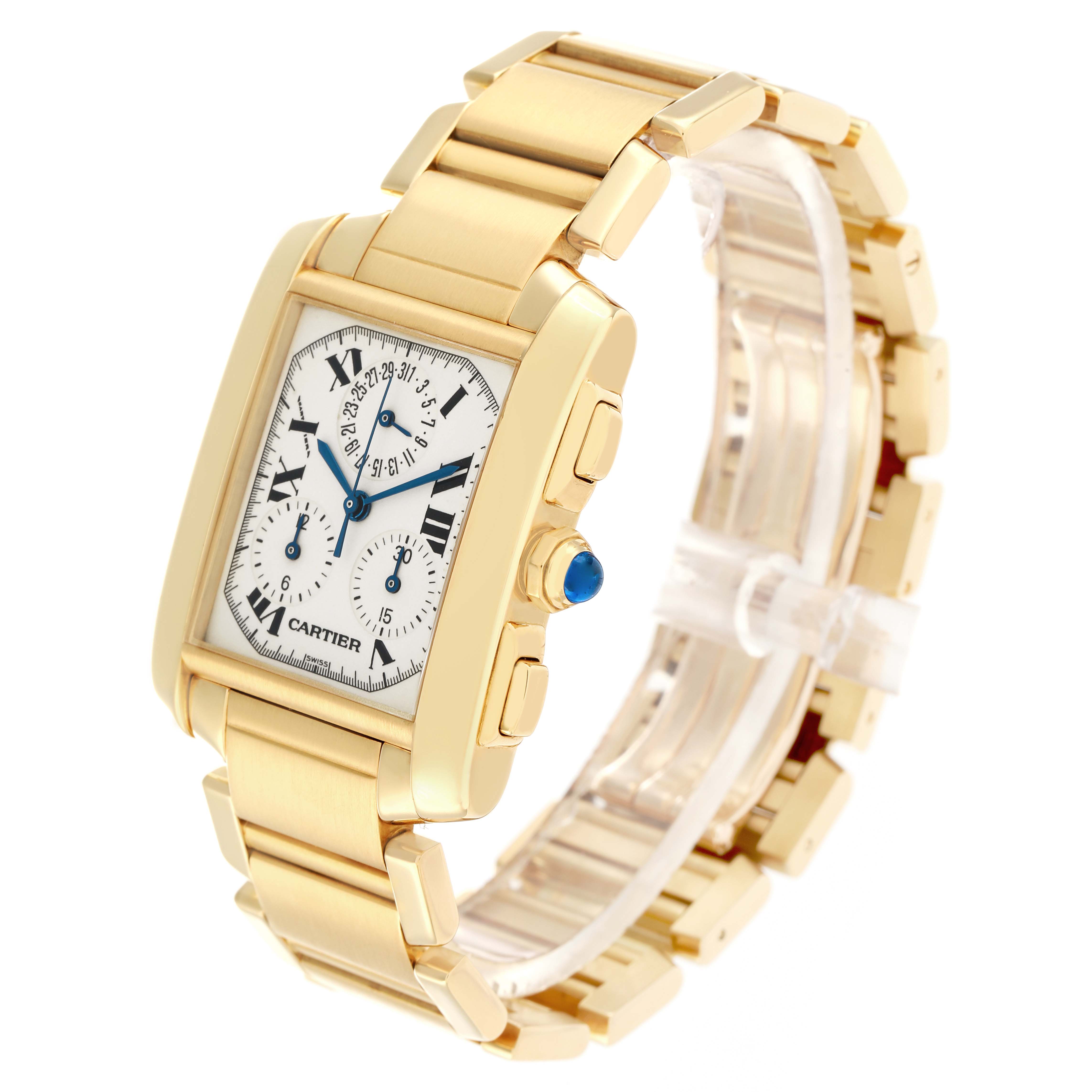 The Cartier Tank Francaise W50005R2 Men
s Yellow Gold Silver Dial watch is shown at a three-quarter angle, highlighting its gold case, bracelet, and blue cabochon crown.
