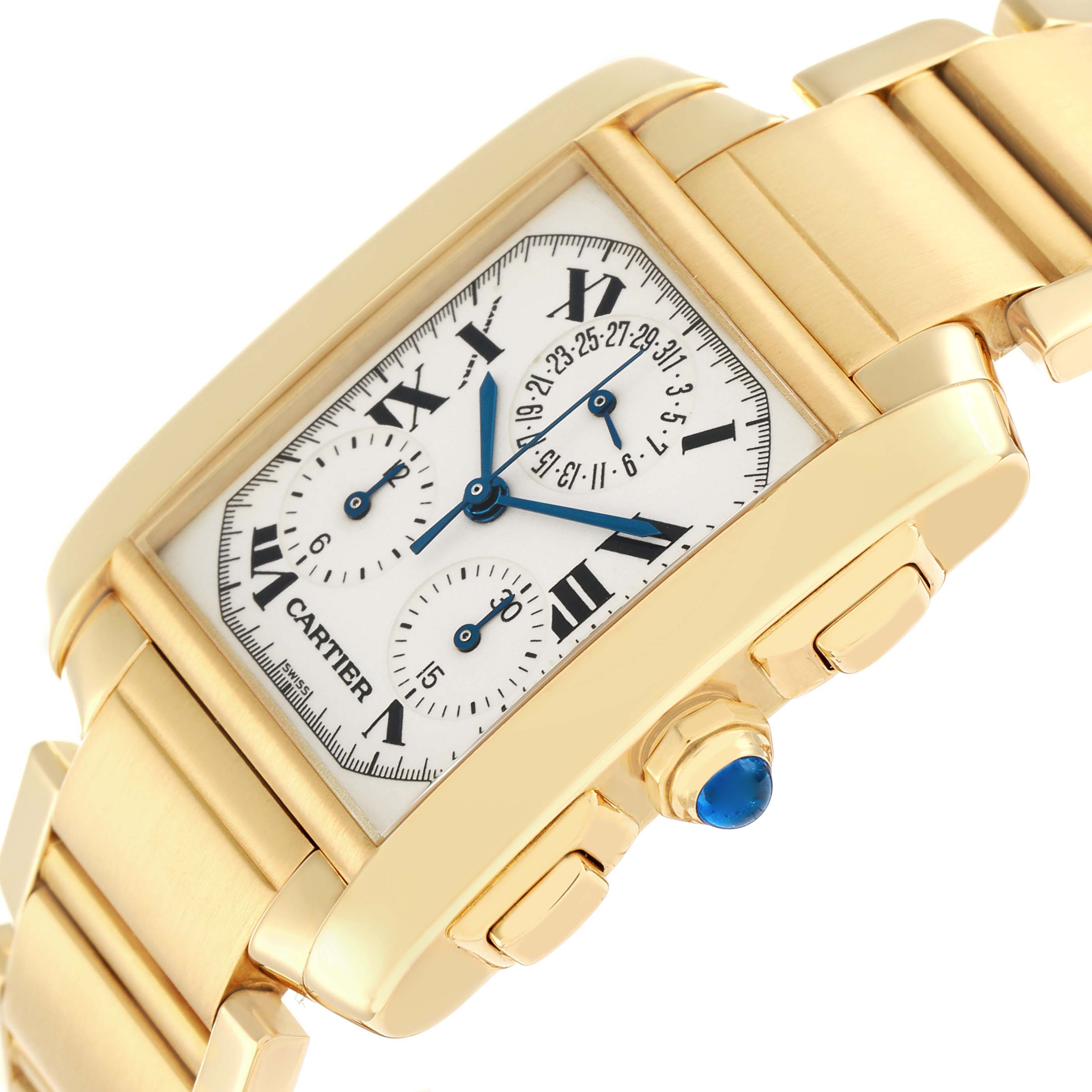 The Cartier Tank Francaise W50005R2 Men
s Yellow Gold Silver Dial watch is shown at an angle highlighting the face, bracelet, crown, and side buttons.