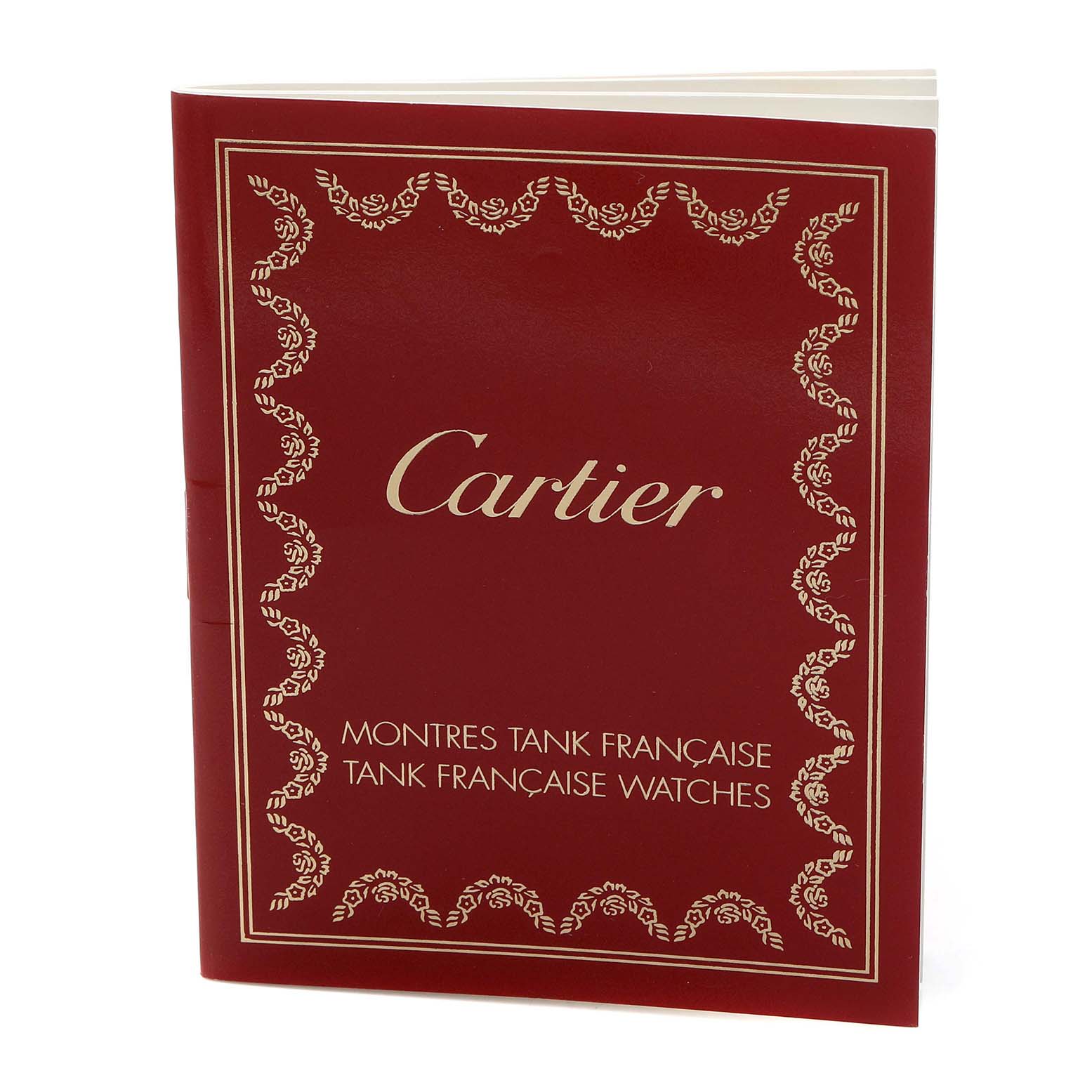 The image shows a red booklet for the Cartier Tank Française watch model with decorative borders and text.