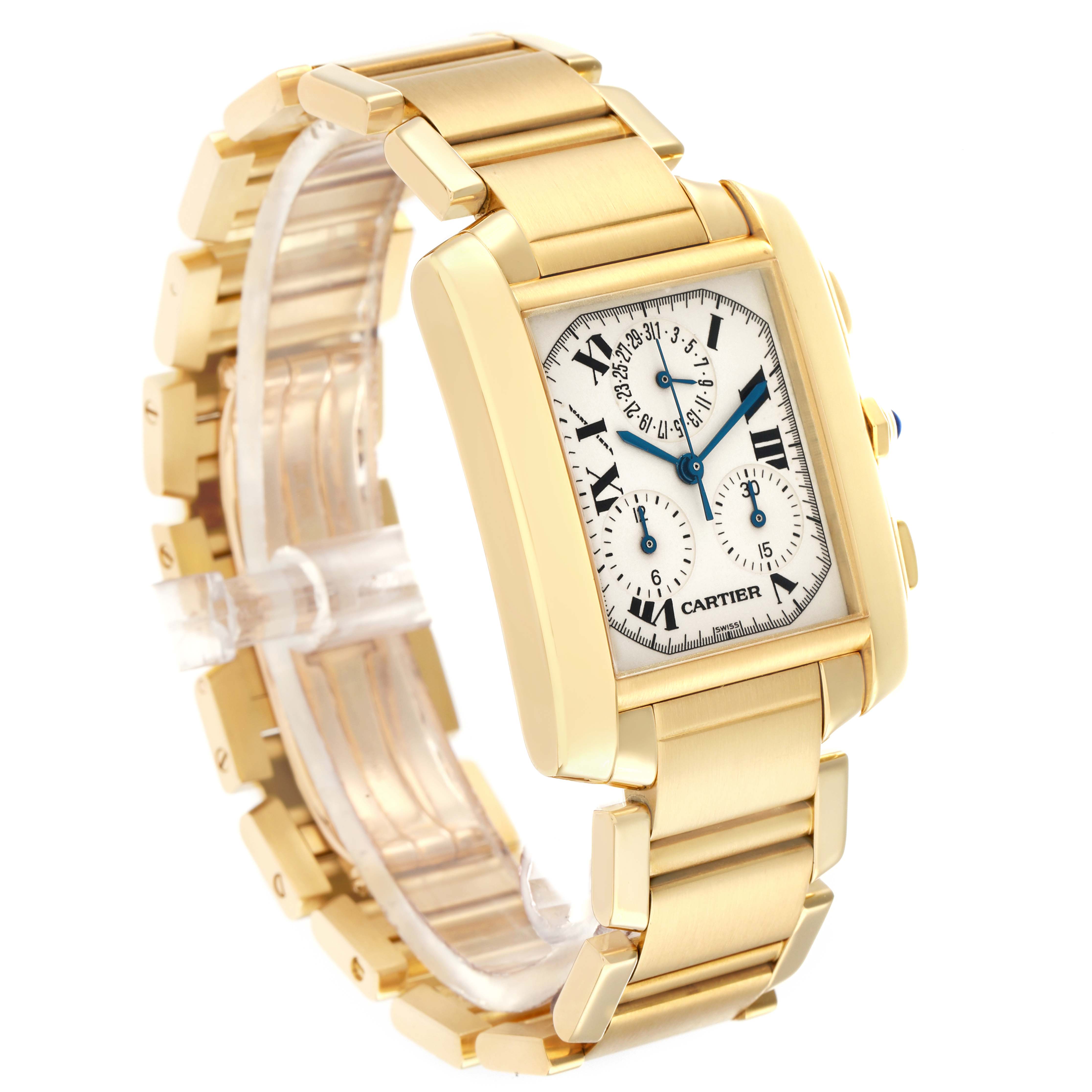 The Cartier Tank Française watch is shown at an angled view, highlighting the face, case, bracelet, and side buttons.