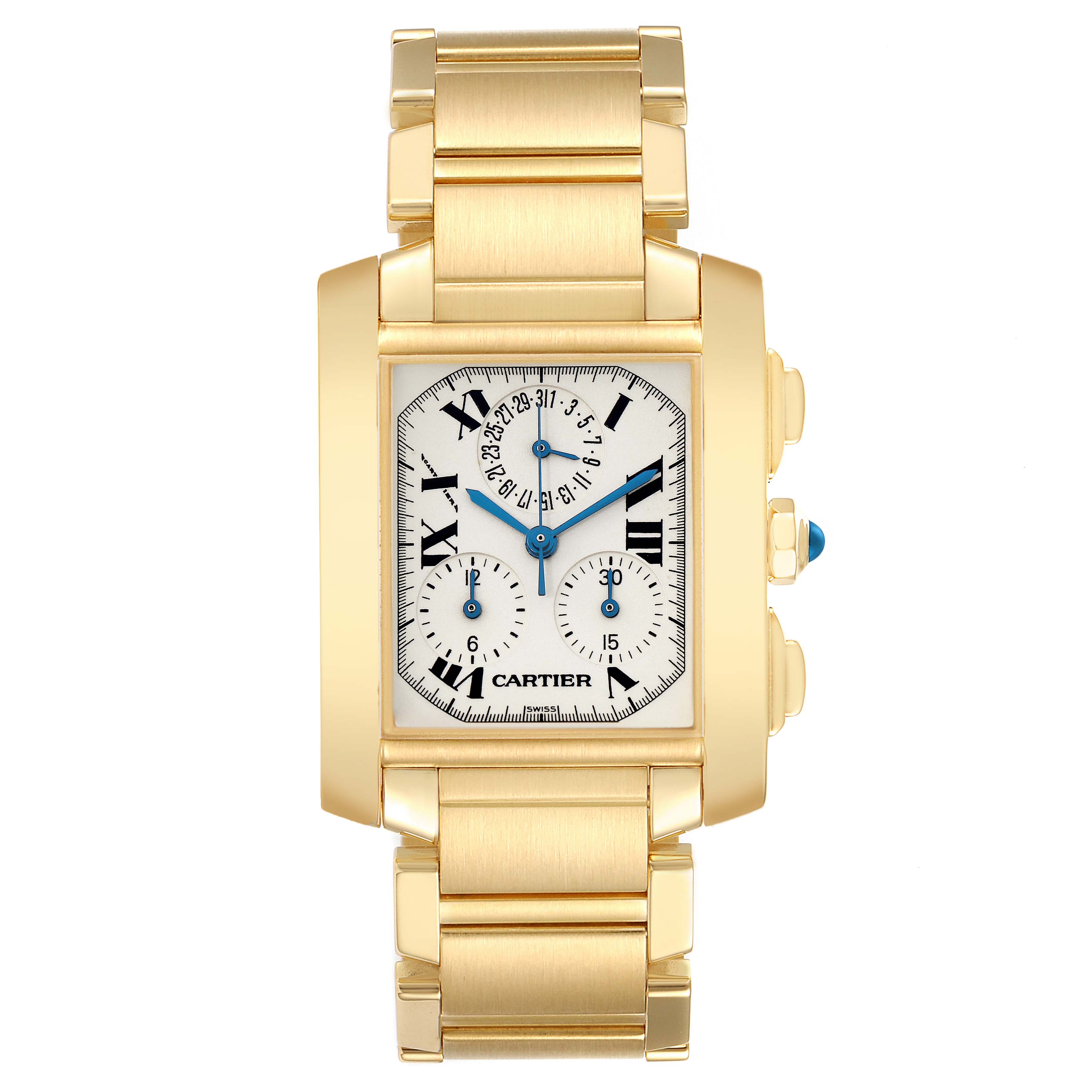 The Cartier Tank Française watch is shown from the front, displaying the face, bezel, and bracelet.