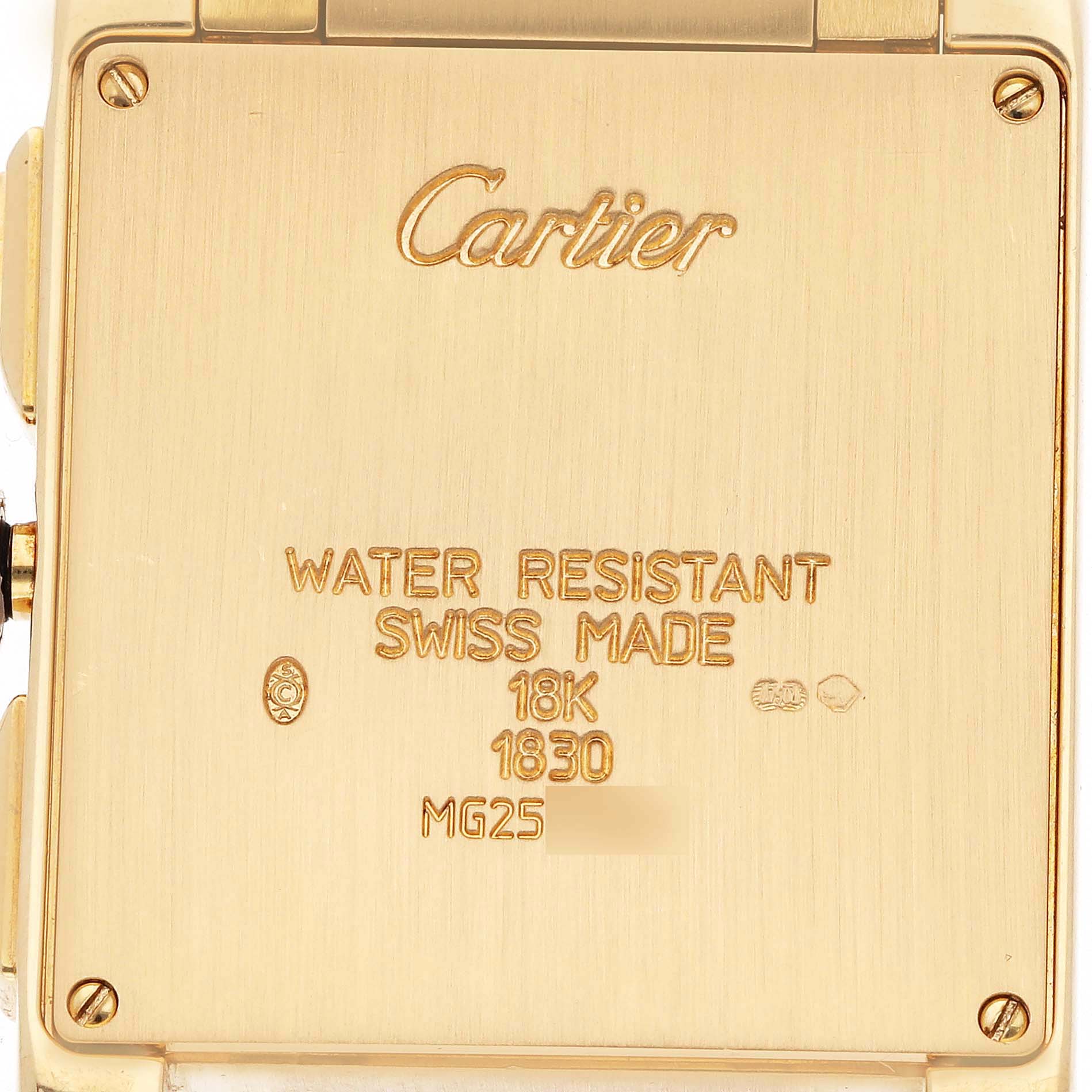 The image shows the back of a Cartier Tank Française watch, highlighting inscriptions and markings on the case.