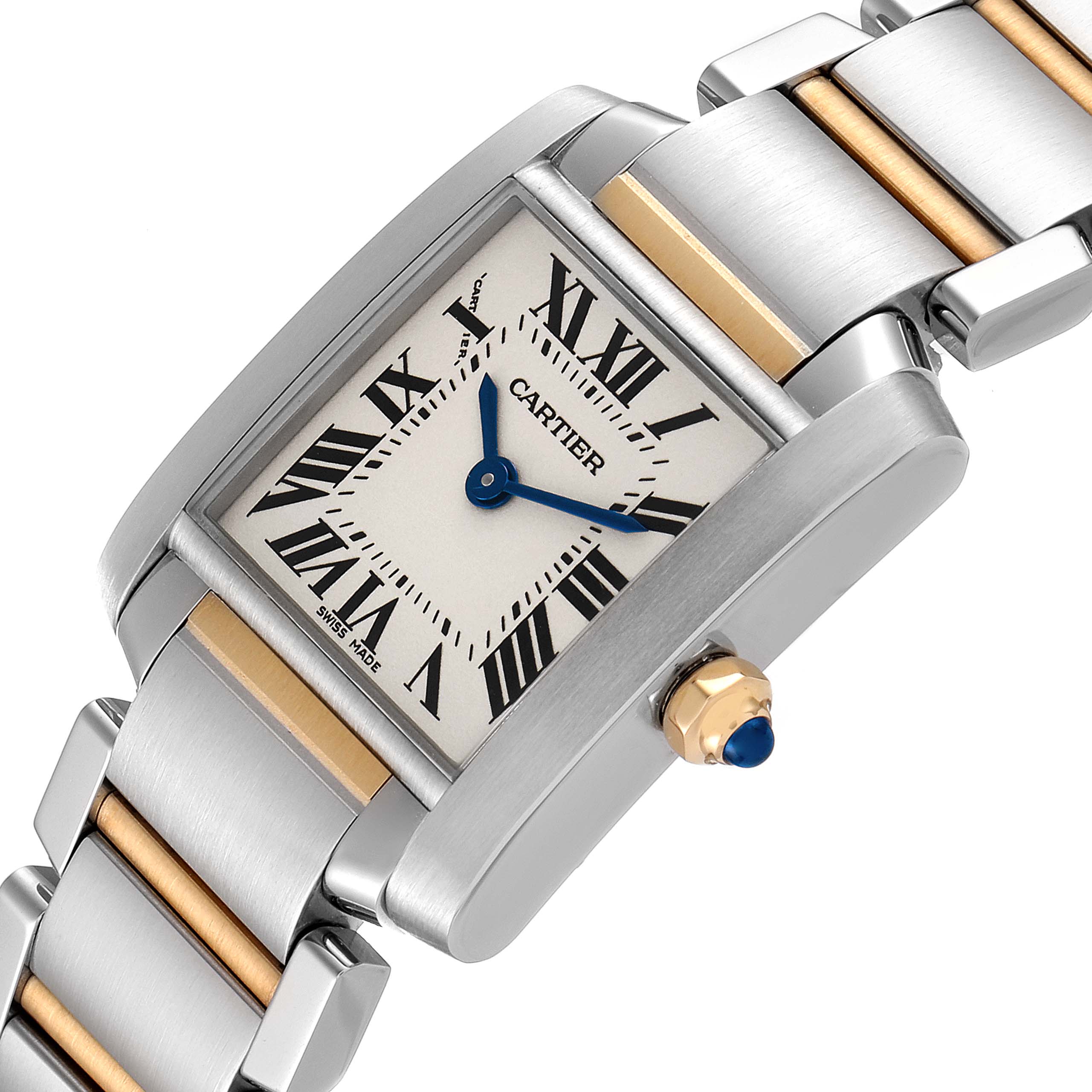 The image shows a close-up angle of the dial, case, and bracelet of the Cartier Tank Française watch.