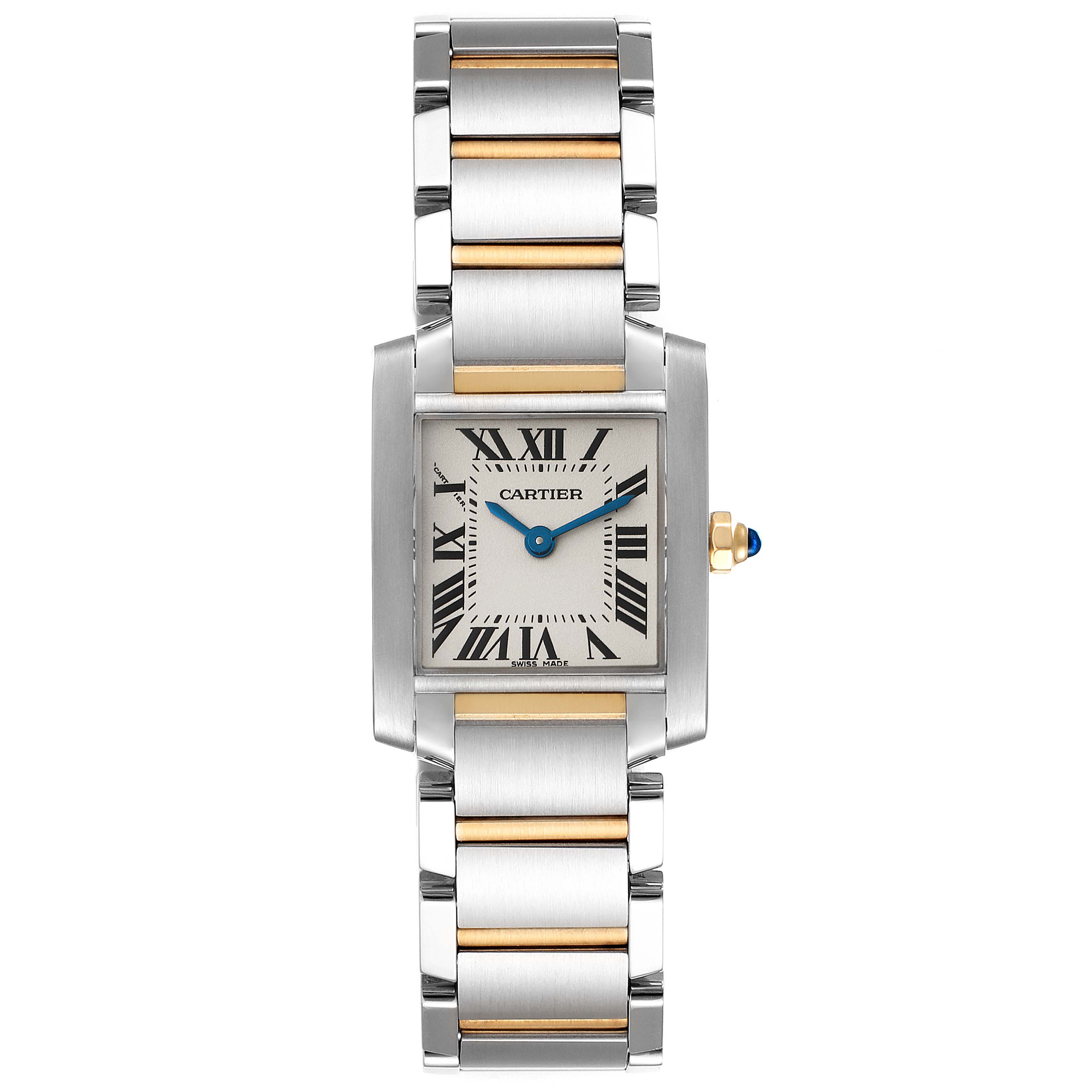 The Cartier Tank Francaise W51007Q4 Women
s Steel and Gold (two tone) Silver Dial W51007Q4 Women
s Steel and Gold (two tone) Silver Dial watch is shown from a top-down angle, displaying the face, bracelet, and crown.