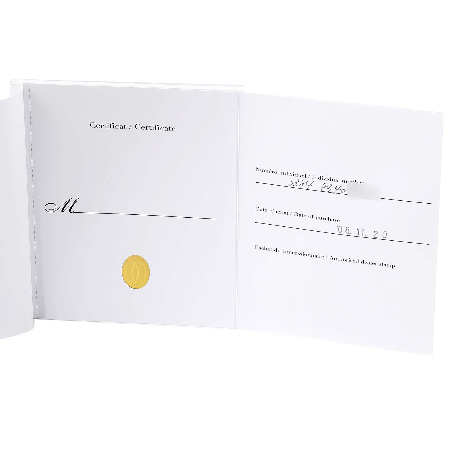 This image shows the open warranty certificate booklet for the Cartier Tank Francaise W51007Q4 Women
s Steel and Gold (two tone) Silver Dial W51007Q4 Women
s Steel and Gold (two tone) Silver Dial watch.