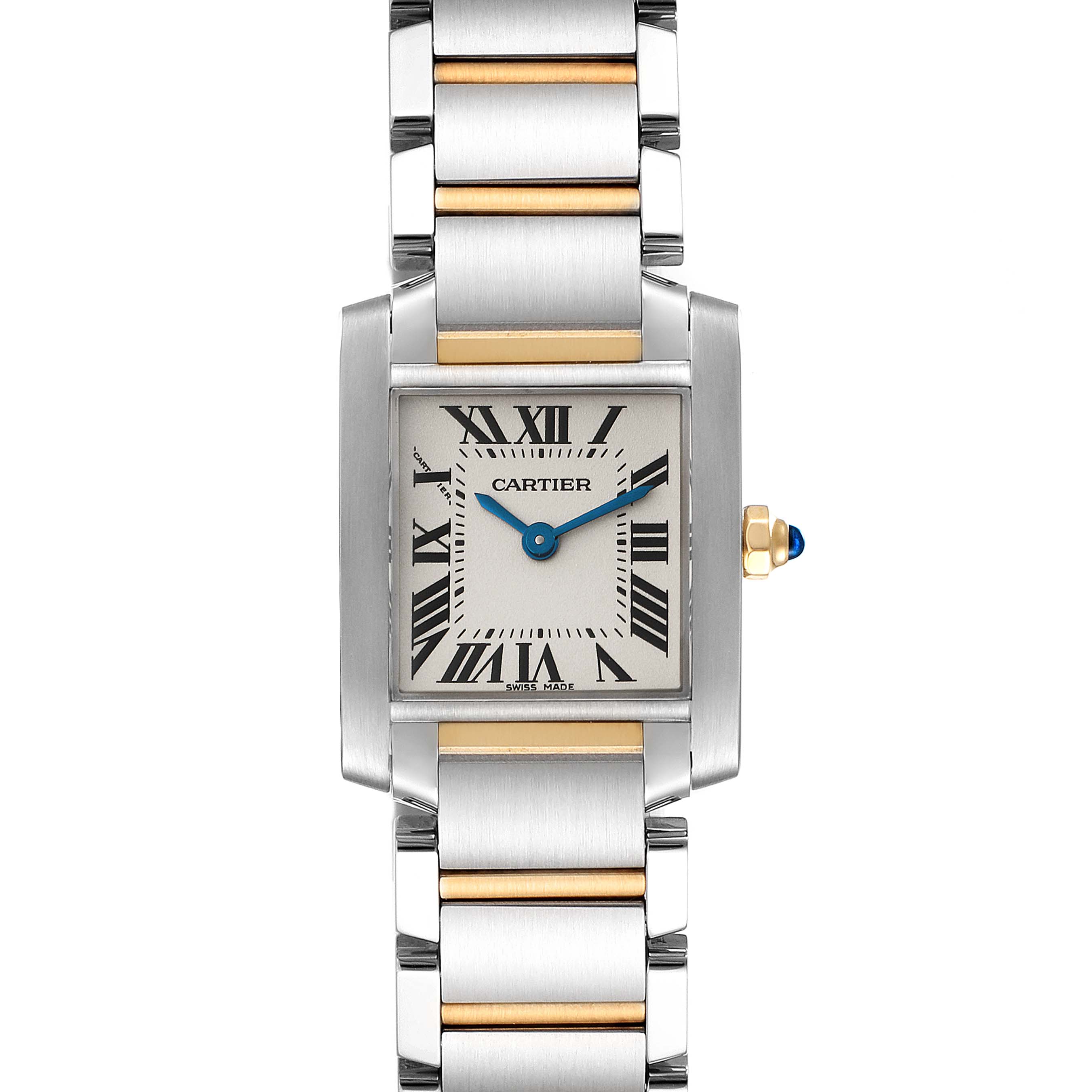 The image displays a front view of the Cartier Tank Française watch, showcasing its dial, crown, and metal bracelet.
