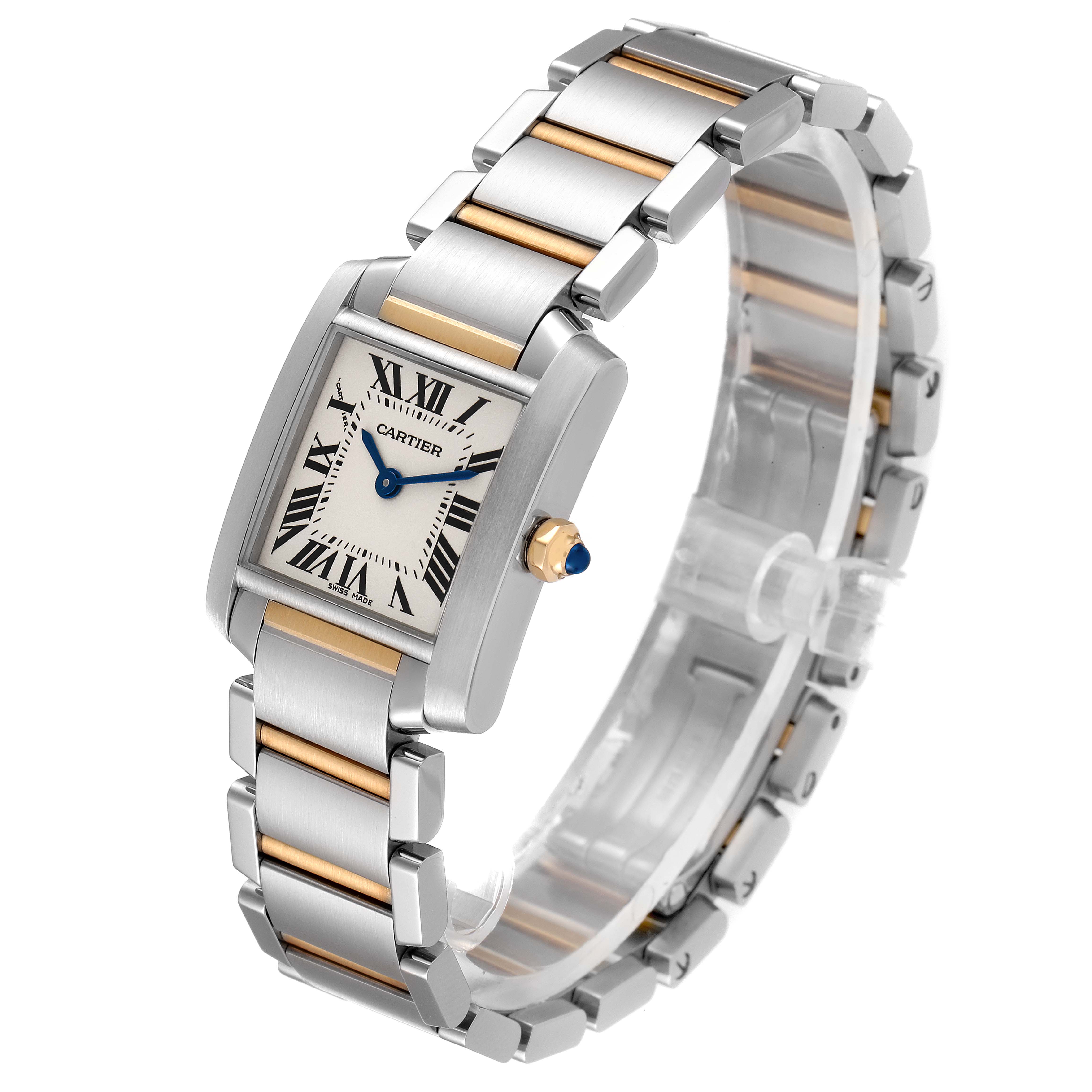 The image shows a Cartier Tank Francaise W51007Q4 Women
s Steel and Gold (two tone) Silver Dial W51007Q4 Women
s Steel and Gold (two tone) Silver Dial watch at an angle highlighting the face, case, and two-tone metal bracelet.