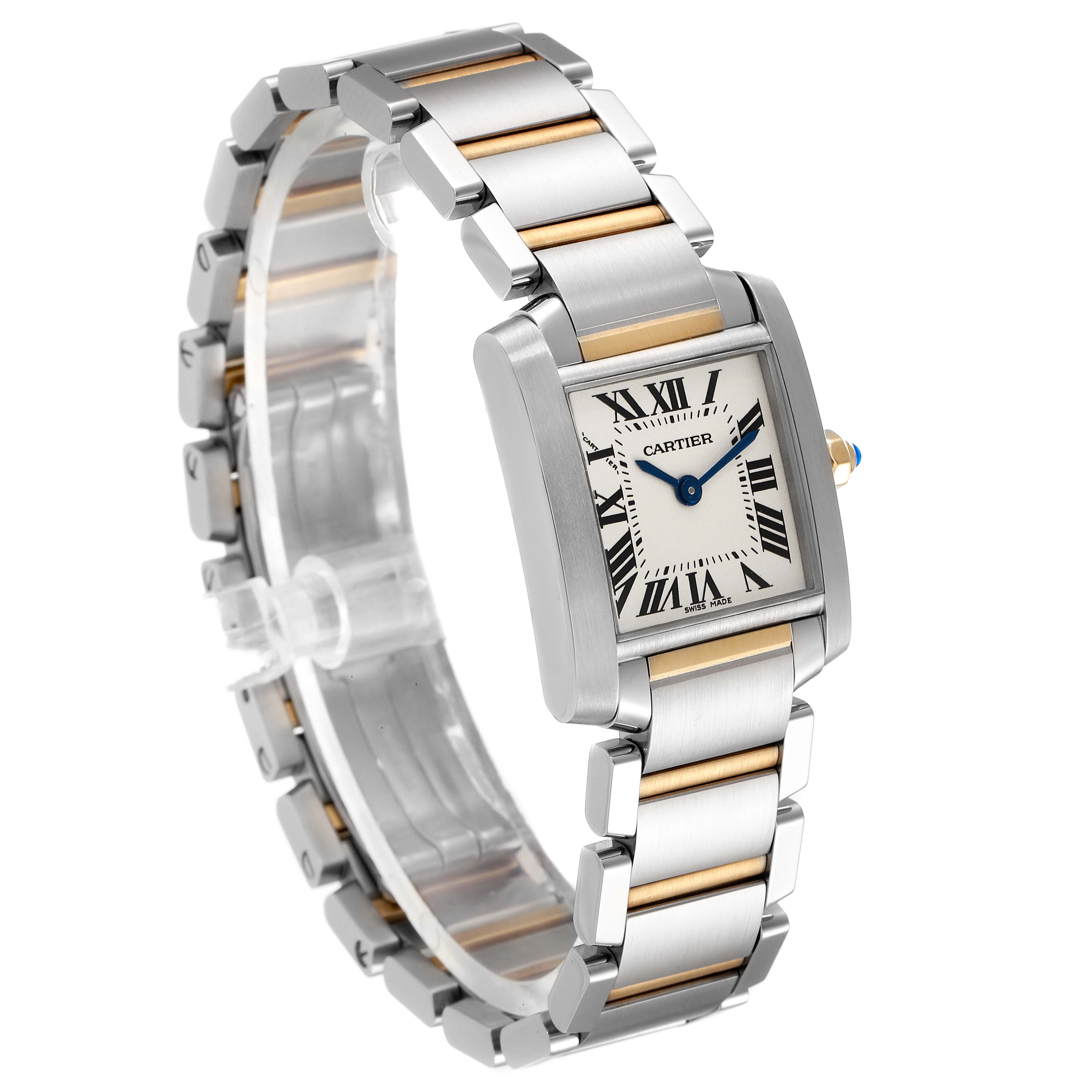 The Cartier Tank Francaise W51007Q4 Women
s Steel and Gold (two tone) Silver Dial W51007Q4 Women
s Steel and Gold (two tone) Silver Dial watch is shown at a three-quarter angle, highlighting its rectangular face, Roman numerals, and metal bracelet.